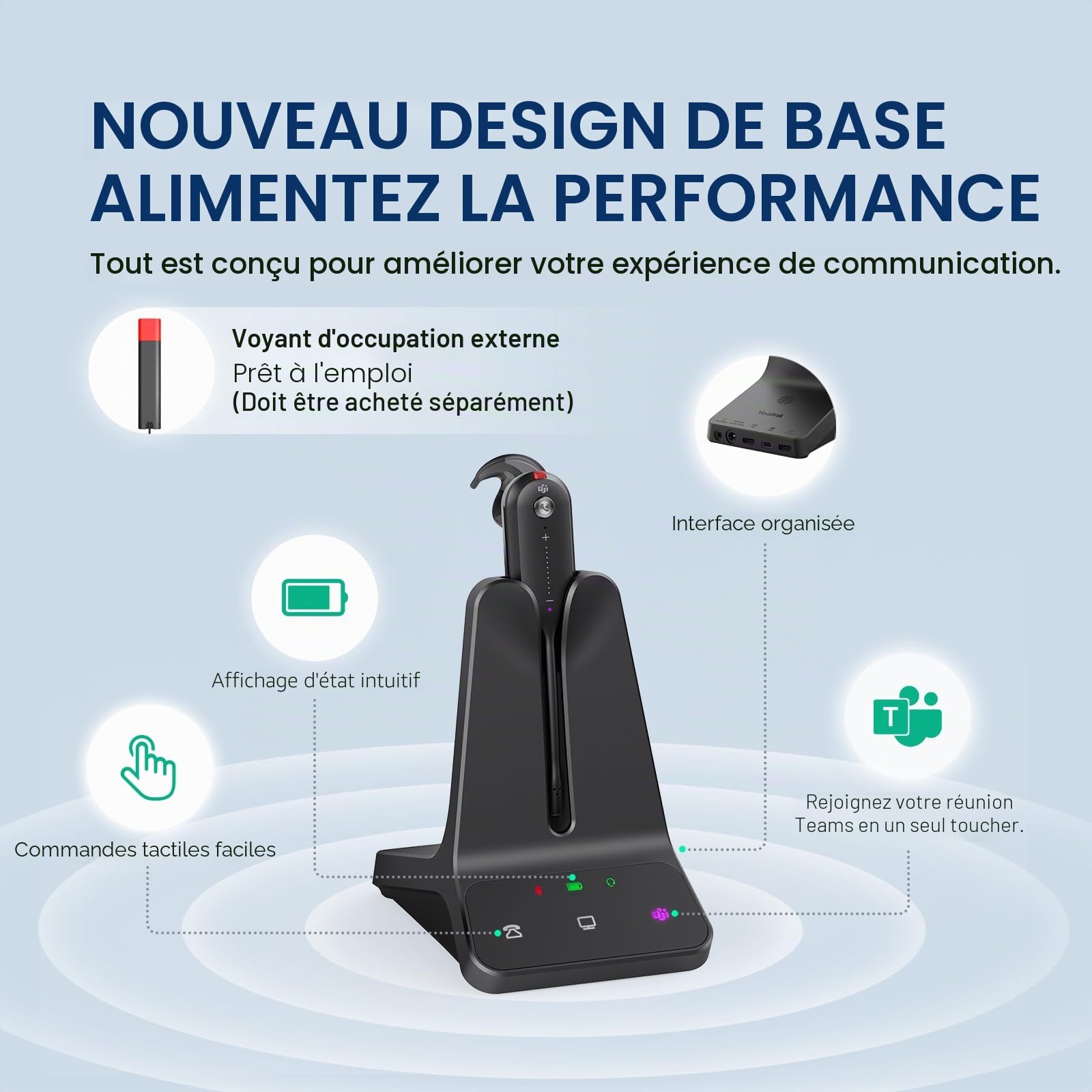 Yealink WH63 Wireless DECT Headset UC, Casque téléphonique de Bureau avec Microphone, portée sans Fil de 120 m, 8 Heures d'autonomie de Conversation, Port dans Les 3 Sens