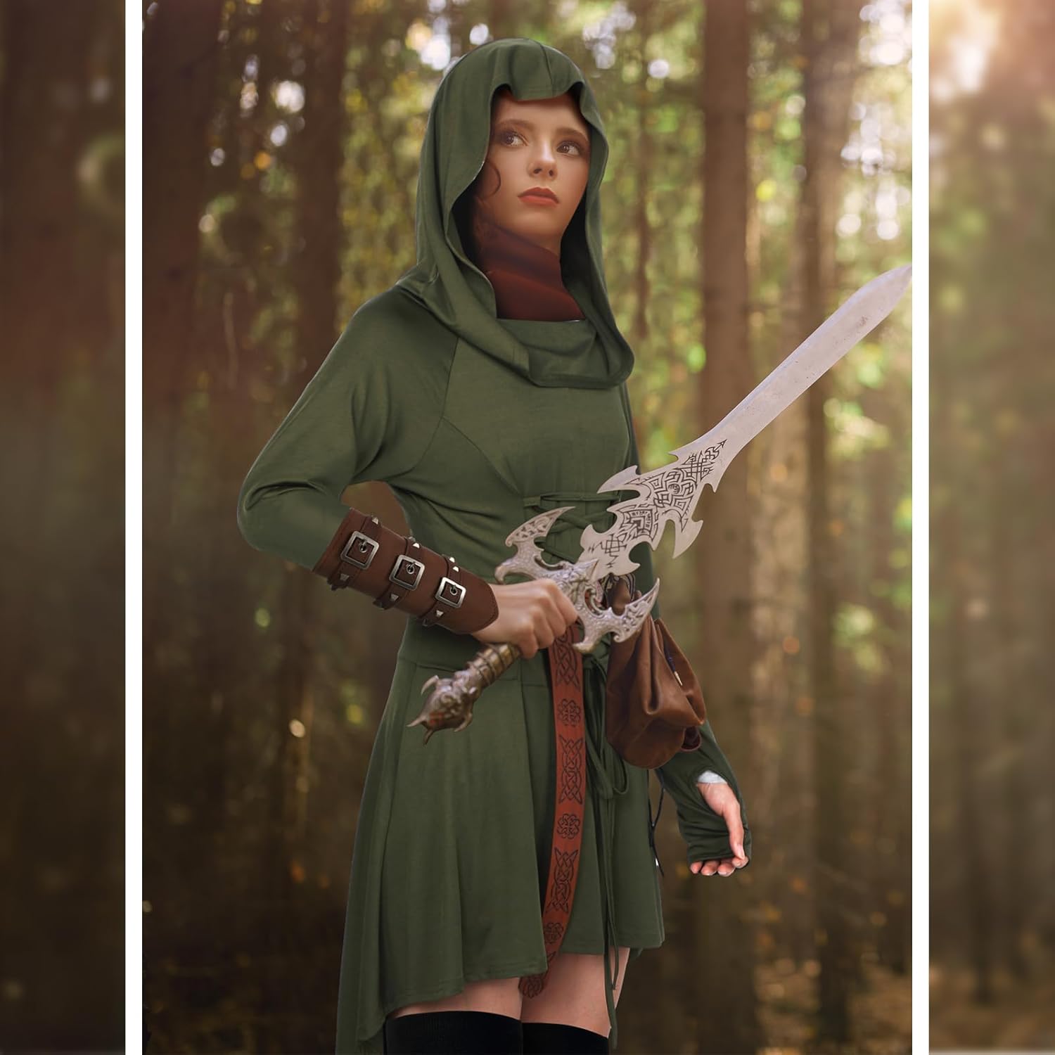 Suhine 5 Pcs Renaissance Women Costume Medieval Hooded Robe Carnival Vintage Faux Leather Arm Pouch Belt for Cosplay Party - Image 4