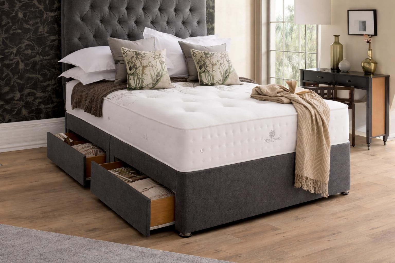 CALISMA Designer Damask Memory Spring Foam Divan Bed Set With Mattress, 2 Drawers (Same Side) and Headboard (Charcoal, 3FT Single)