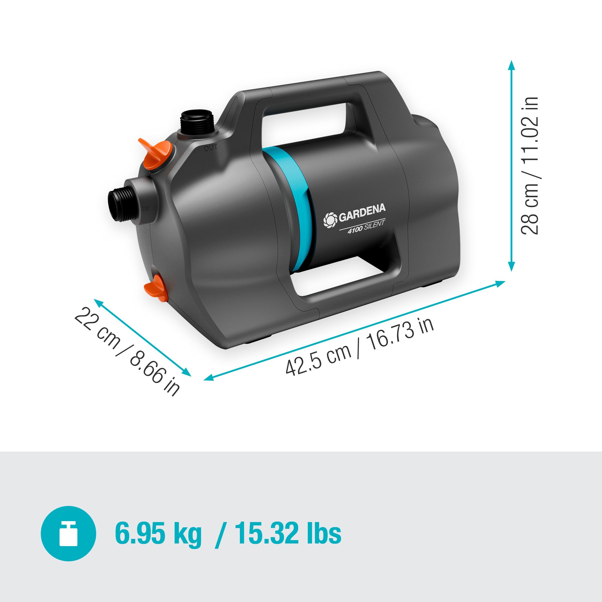 Pompa da giardino Gardena 4100 Silent: Pompa per irrigazione molto silenziosa e innovativa, portata 4100 l/h, motore da 550 W, 3,6 bar, impermeabile, a risparmio energetico (9050-20)