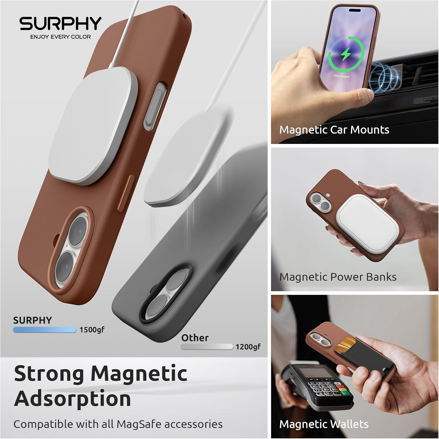 SURPHY Case for iPhone 17 Case (6.3 inch 2025), Compatible with MagSafe, Faux Leather 17 Phone Cases Whit Soft Microfiber Lining, Brown - Image 3