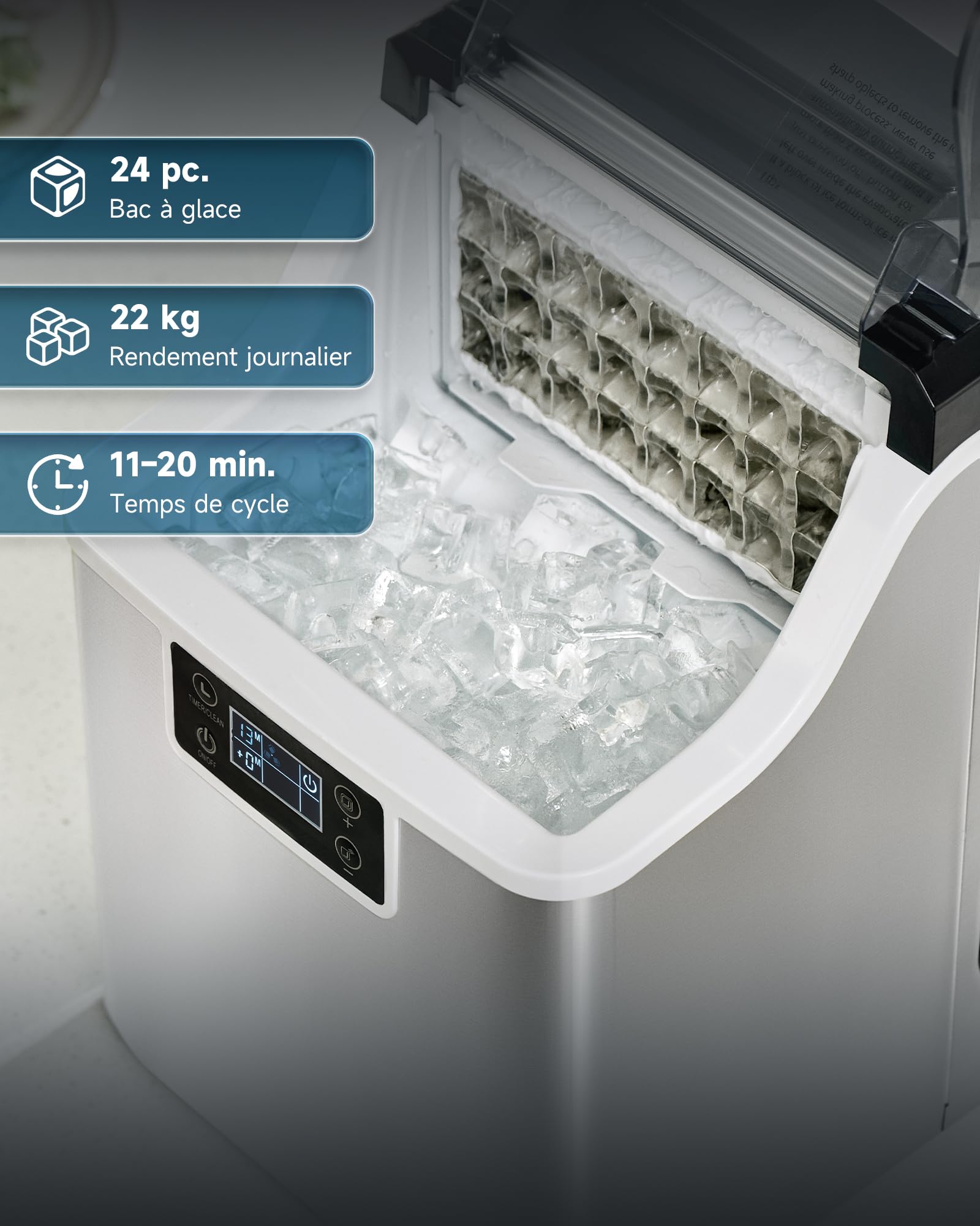 CO-Z Machine à Glaçons 22kg en 24H, 24 Glaçons en 11-20 Minutes, Ice Maker 160W Réservoir d’Eau 3,2L Fonction Auto-Nettoyage, avec Pelle et Panier à Glaçons, Portable pour Maison Bureau Bar Restaurant