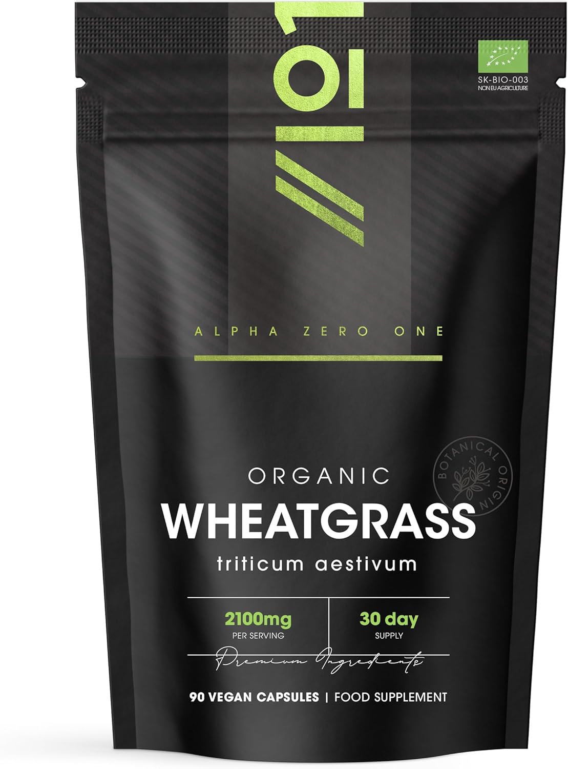 Organic Wheatgrass 2100mg – High Strength Triticum Aestivum Supplement – 90 Vegan Capsules – Resealable and Recyclable Pouch – by Alpha01