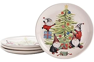 Christmas Gnomes and Christmas Tree Ceramic Salad Plates, 8.75 inch, Set of...