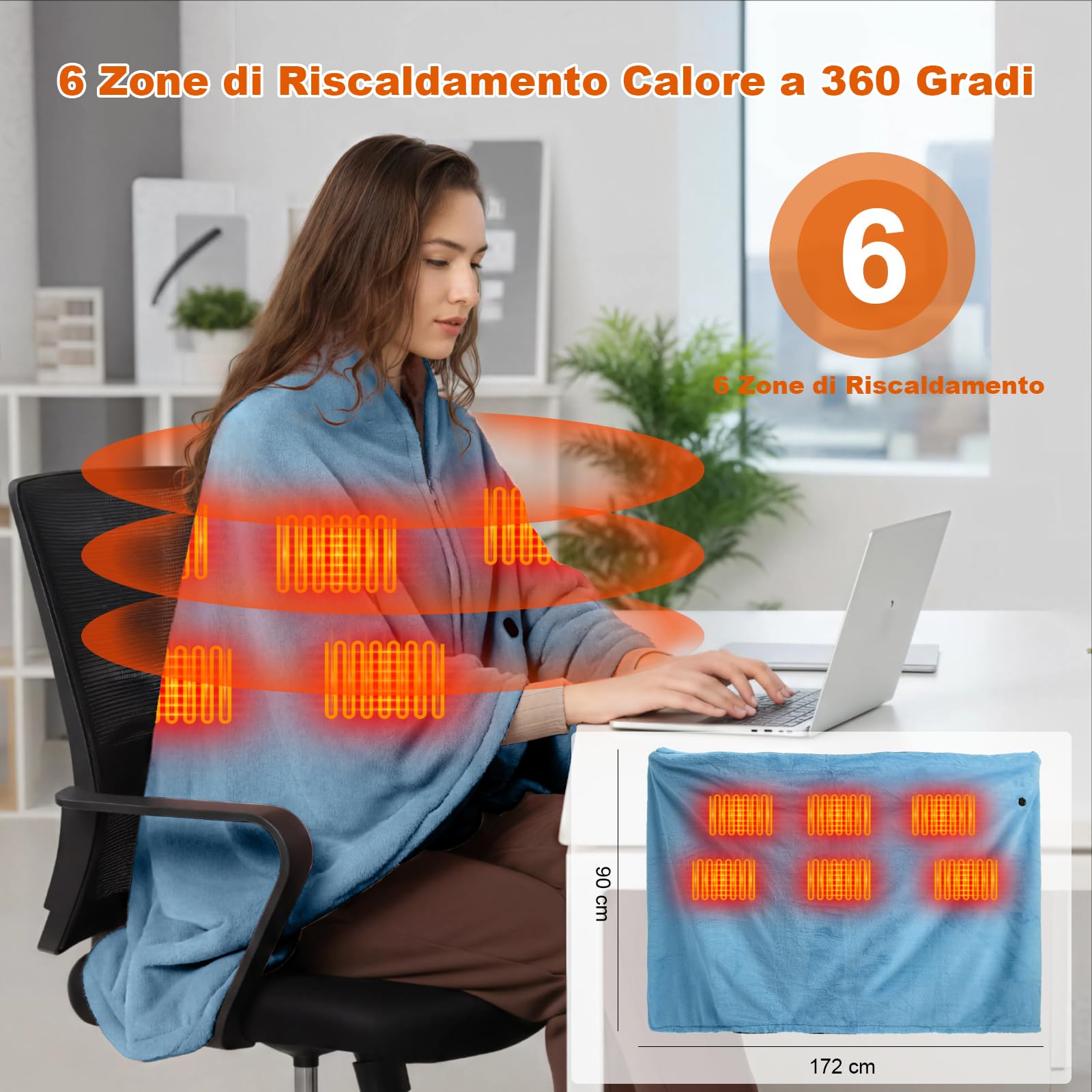 180x90cm Grafene Scialdrappo Riscaldante con Interno in Peluche, Batteria 7.4V 20000mAh e 6 Zone di Riscaldamento Rapido, 3 Livelli di Temperatura, Lavabile in Lavatrice, Morbido per Uomo e Donna