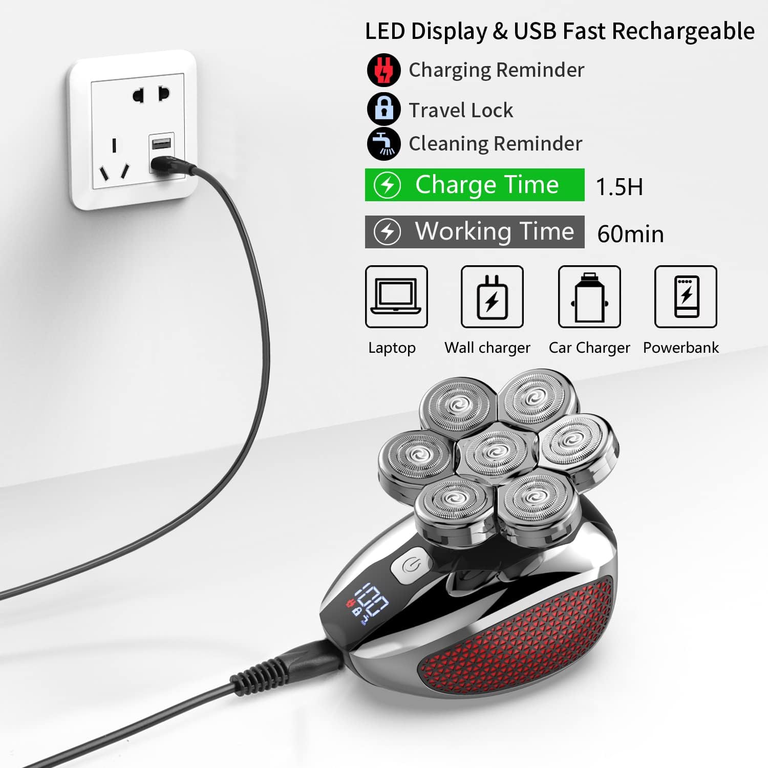 Head Shaver for Bald Men 7D, Bald Head Shavers for Men Wet&Dry,CHLANT 5-in-1 Electric Head Shaver for Men Head Razor Cordless Rechargeable Waterproof, Electric Razor for Men Rotary Shaver Grooming Kit - Image 6