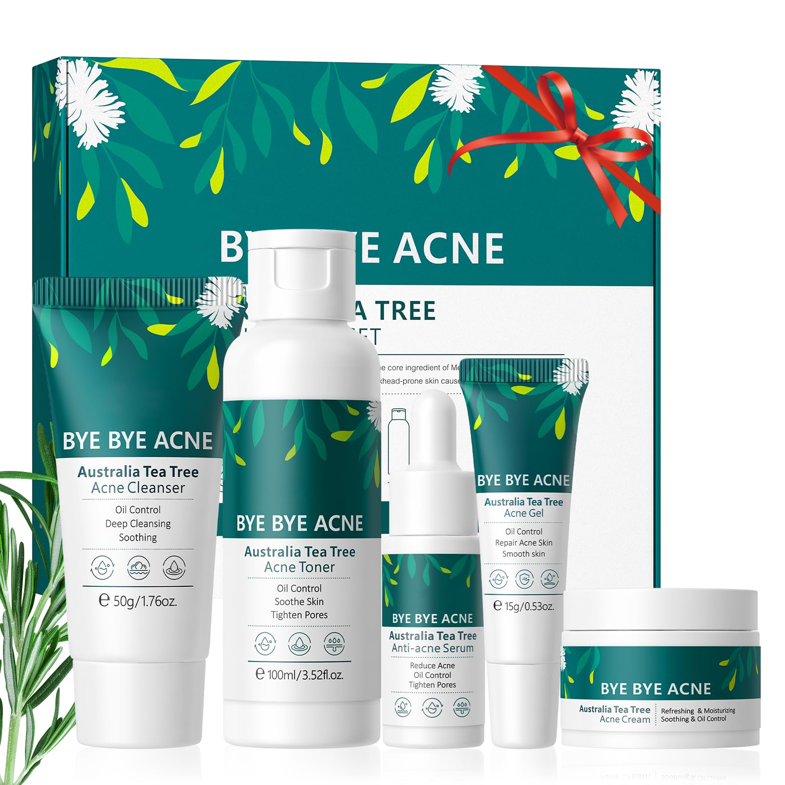 Zestaw do pielęgnacji skóry Skincare Routine Anti Trądzik, Drzewo herbaciane Zestaw do pielęgnacji skóry | 5 sztuk Rutyna Podróżna do twarzy, przeciw niedoskonałościom, oczyszczająca i kojąca, do skóry trądzikowej i trendu tłustego