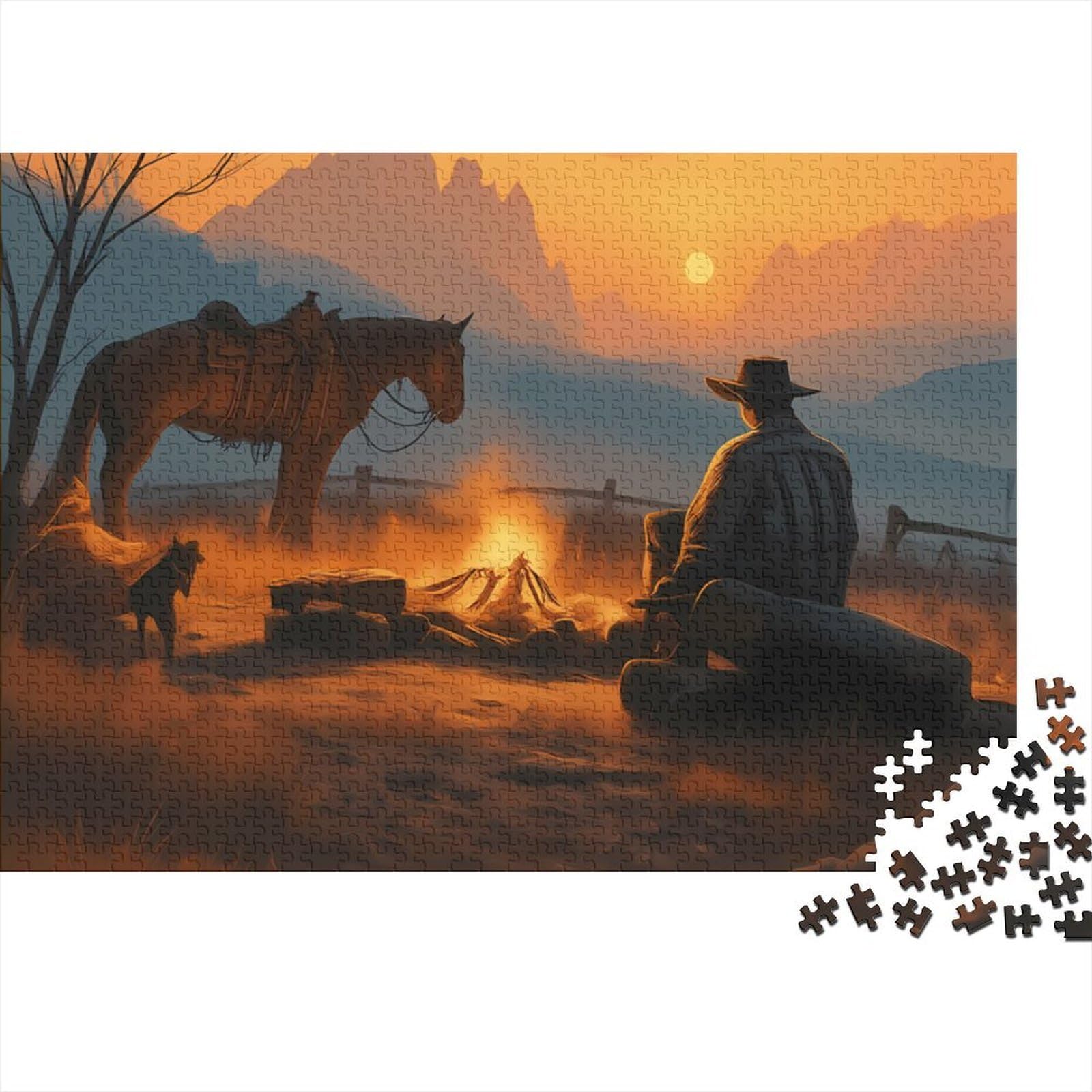 Western Cowboy Scene 1000 Pc Cardboard DIY Desert Sunset Painting Puzzle, Challenging Family Game 12+, Stress Relief, Vibrant Colours & Home Decor 52x38cm/1000pcs