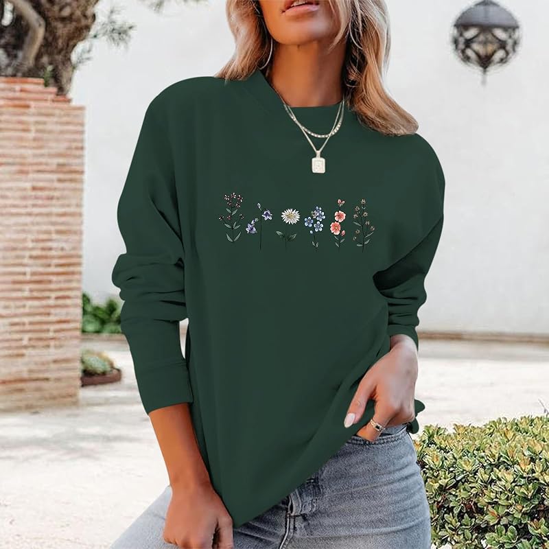 Lytiarul Flower Graphic Sweatshirt for Women Floral Printed Vintage Long Sleeves Shirt Crewneck Hoodie Loose Pullovers Tops(Green,XL) image 4