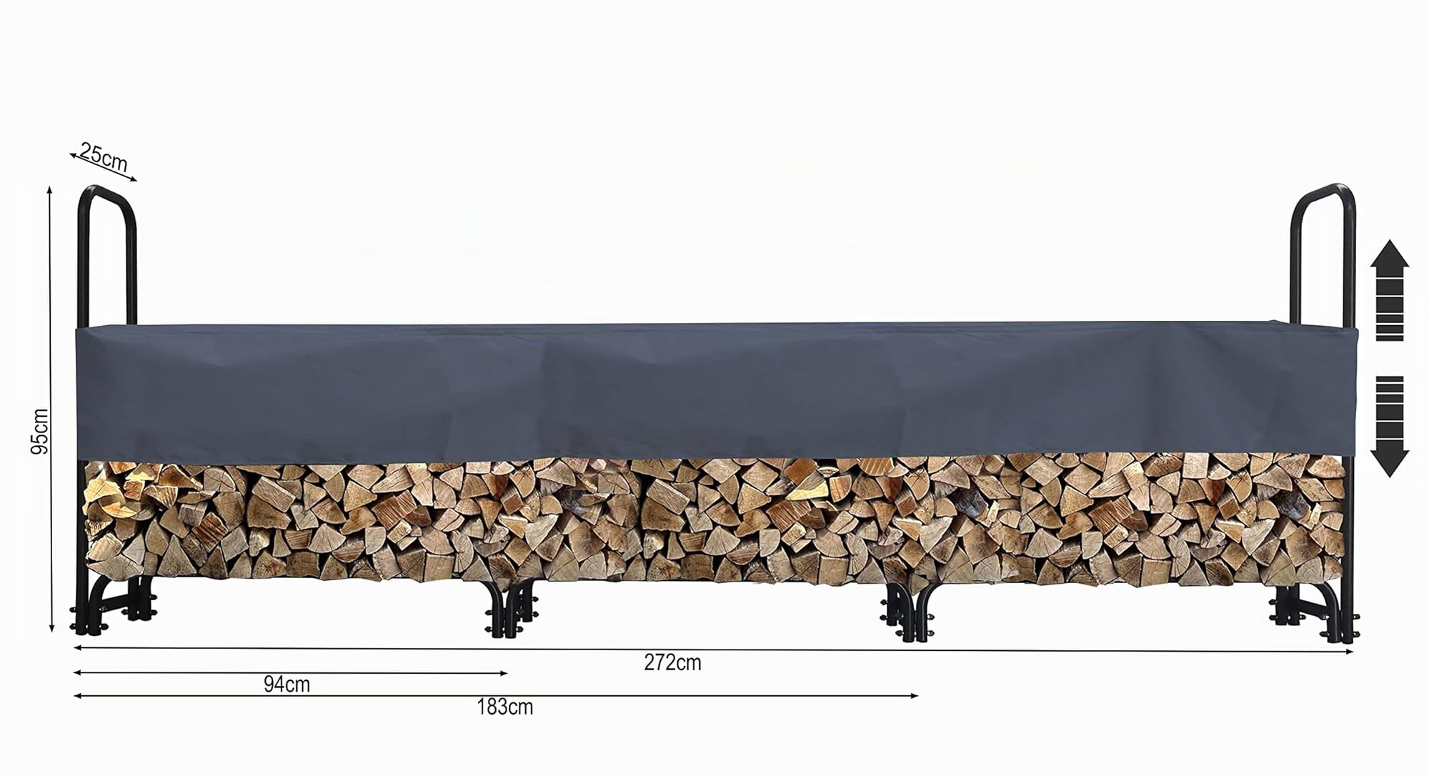 Scaffale in metallo per legna da ardere 272 x 25 x 95 cm con custodia protettiva 1,0 m³
