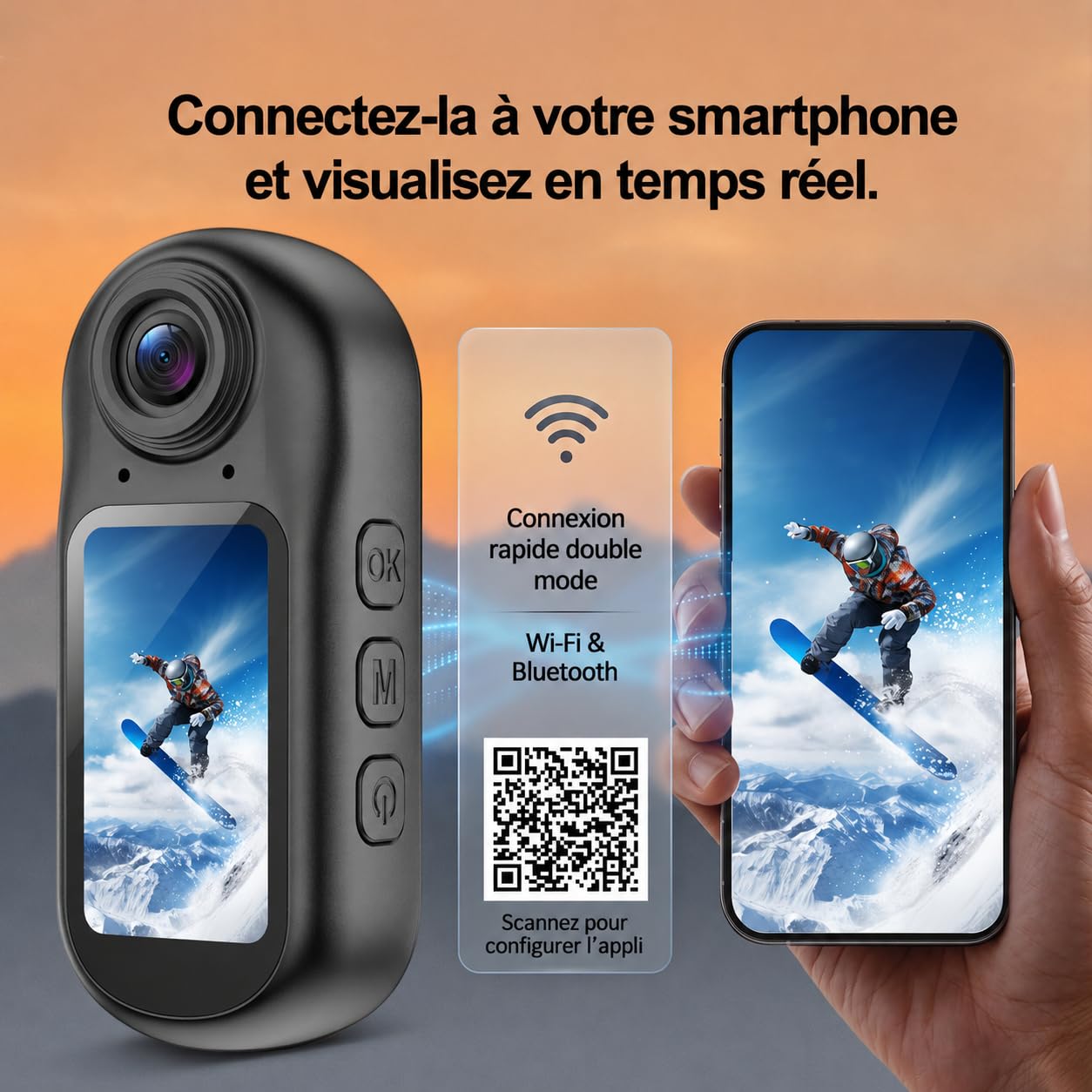 Mini Caméra Sport 4K 30FPS, Photos 64 MP, WiFi, Bluetooth, EIS 6 axes | Écran HD 1,5", Carte U3 32 Go, 35 g, Autonomie 130 min, Boîtier étanche 30 m et Kit Casque/Vélo.