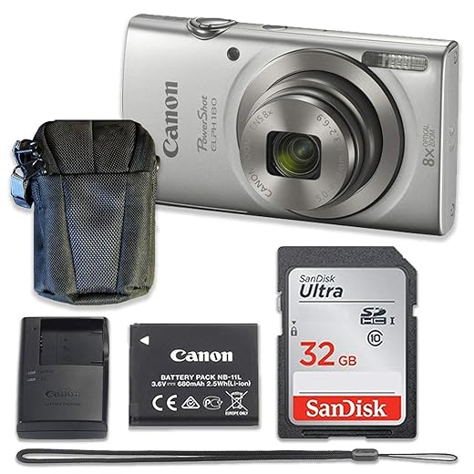 Canon PowerShot ELPH 180 Digital Camera (Silver) with 32GB Memory + Case (Renewed)