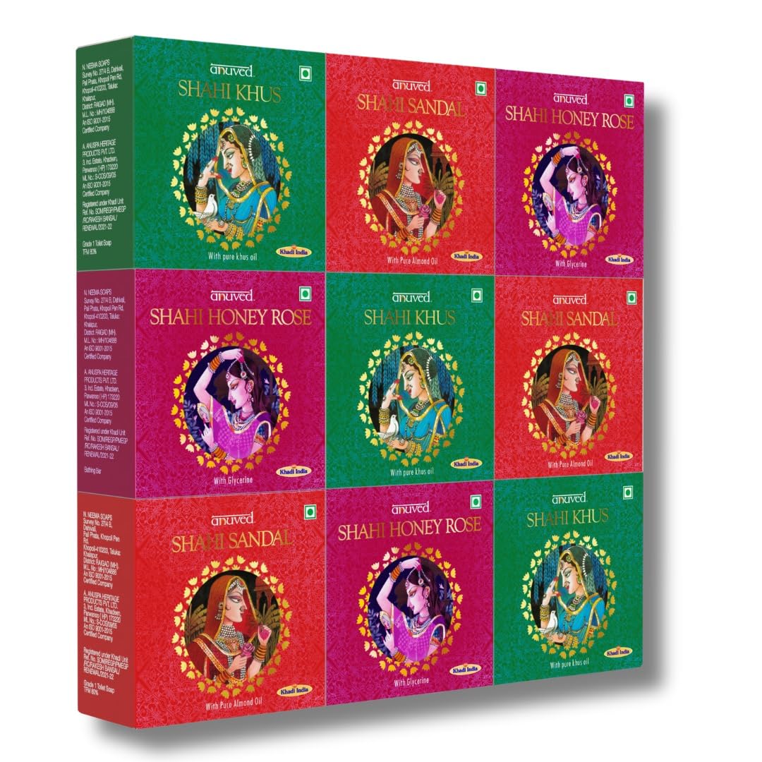 Anuved Shahi Range | Pack of 9 | Royal Luxury Bath for the Whole Family | Shahi Sandal, Shahi Honey Rose, Shahi Khus | 100% Natural & Pure | Paraben & Cruelty-Free | Combo bath soaps for Men & Women