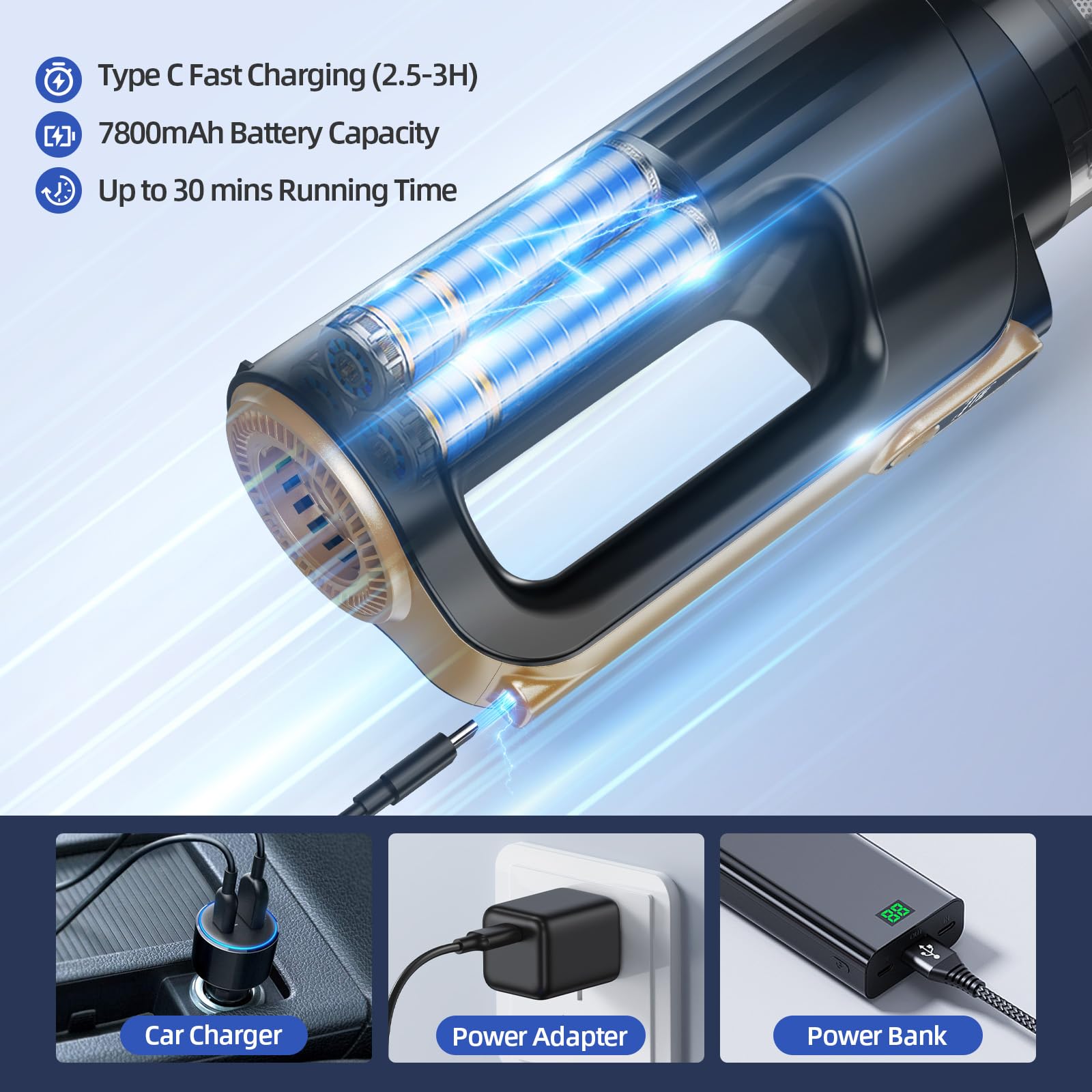 MONOZEL Mini Vacuum Cleaner for Car, 18000Pa 2 in 1 Vacuum Cleaner&Air Duster, 130W Brushless Motor Handheld Vacuum Cordless with 7800mAh Battery, LED Light, Multi-Nozzles for Home, Office, Pet view 8