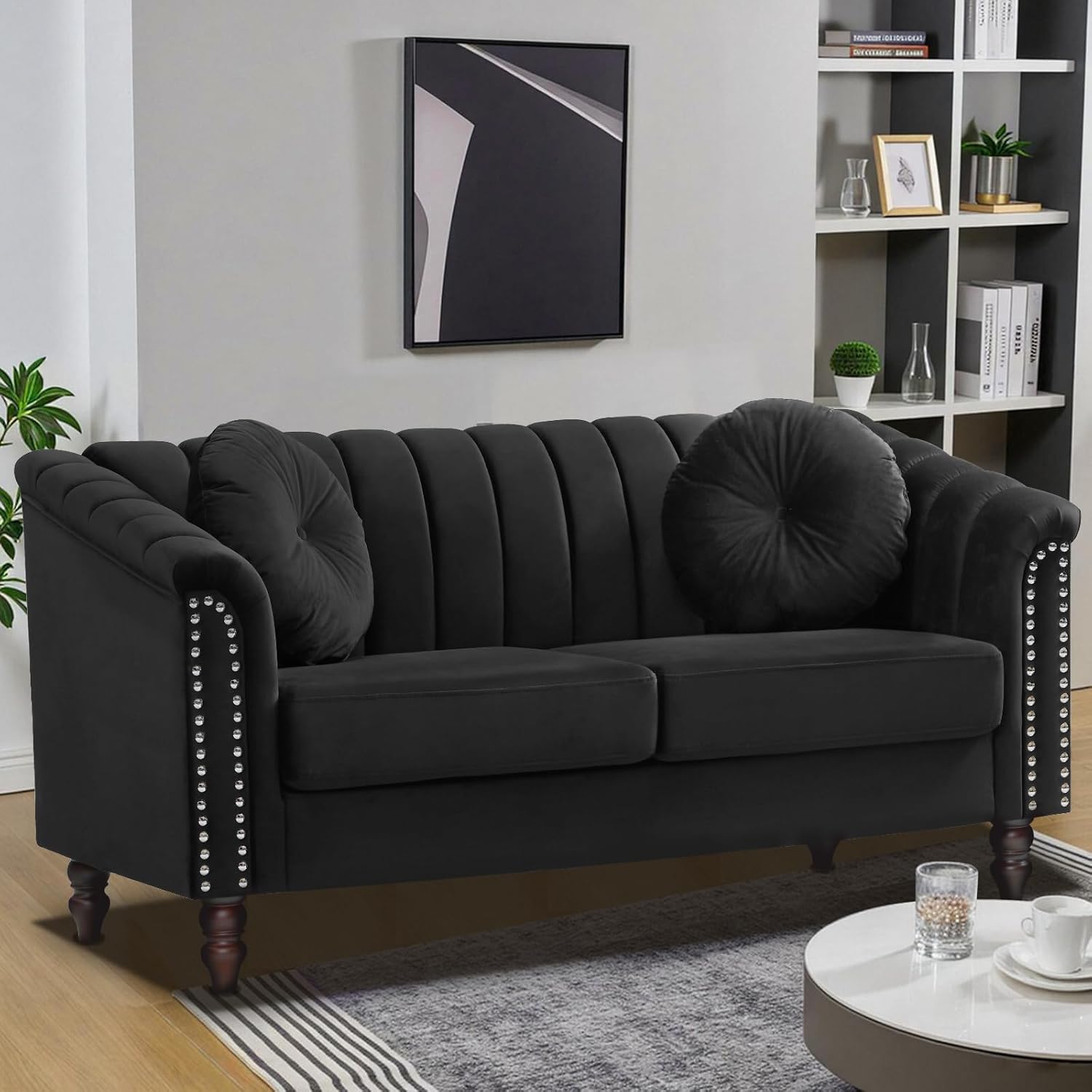 Chesterfield Sofa Sets for Living Room, Microfiber Sofa and Loveseat with Chair with 5 Pillows, Chenille Sofa Sets for Small Spaces Apaetment(Loveseat,Grey)