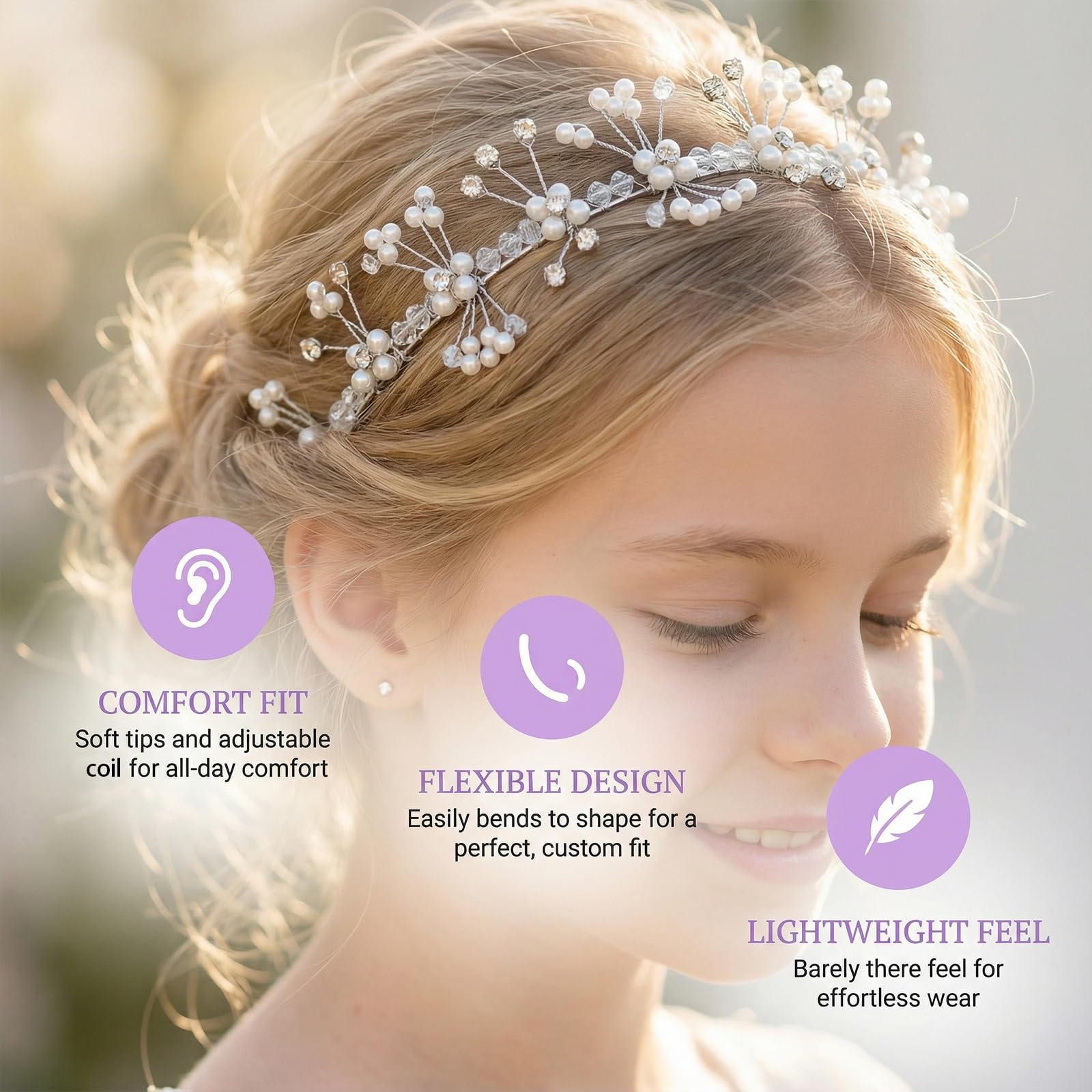 Bijou De Cheveux Communion – Couronne De Fleurs Blanches Et Perles – Serre-tête Fille Pour Baptême, Mariage, Fête