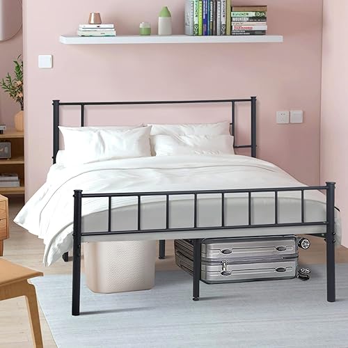 Miniatura 7 de Dkelincs Base de cama tamaño Queen con cabecero y tabla de pie, marco de cama de plataforma de metal de acero resistente, almacenamiento reservado,