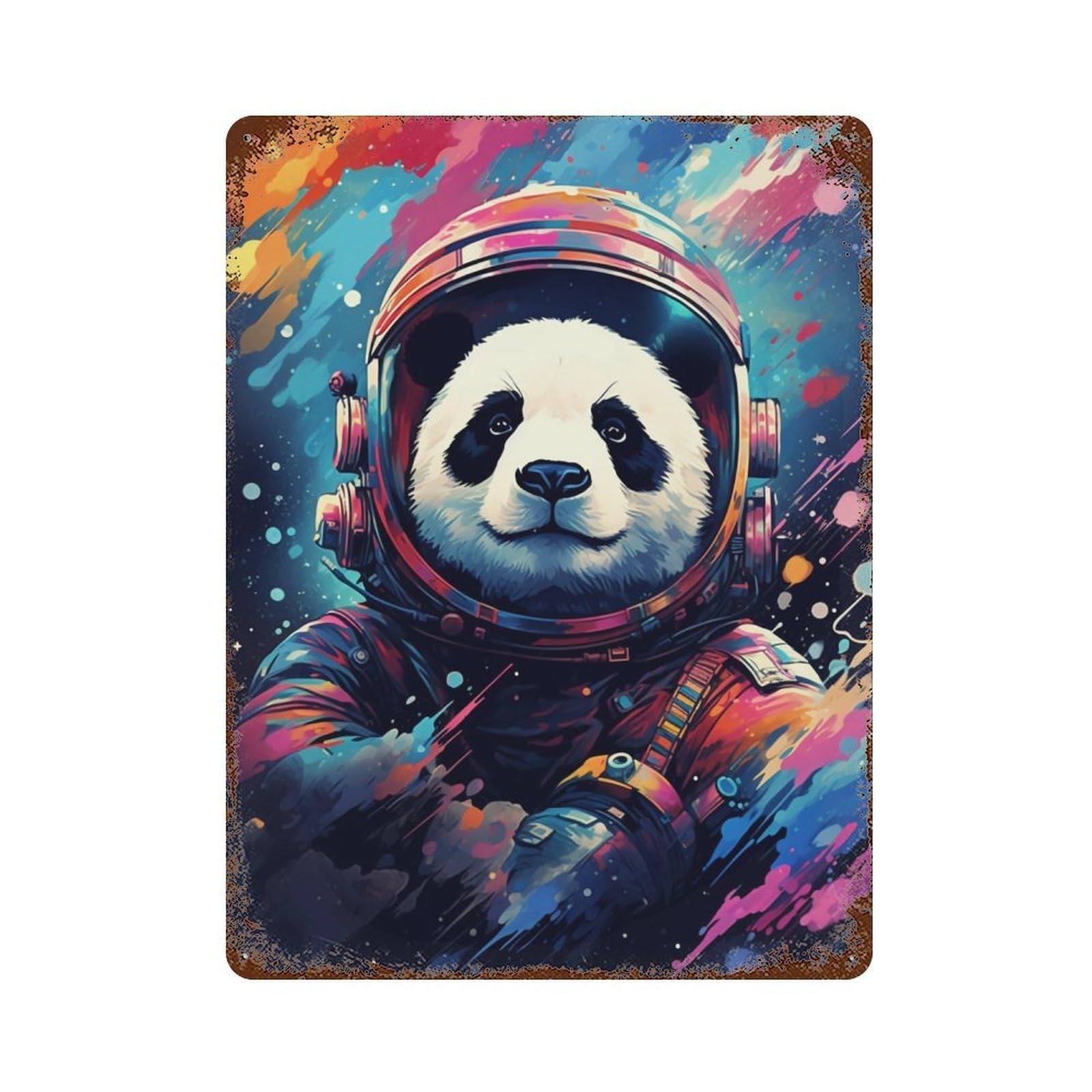 Panda Astronaut Space Art-1 Vintage Wall Sign 15.7"x11.8", Rust Effect Metal Decor for Shed, Workshop And Garage Wall Decor