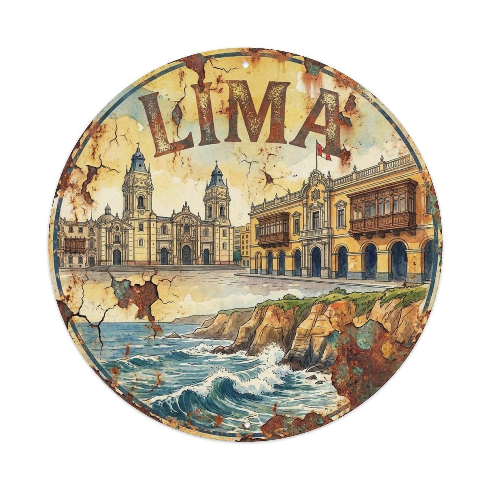 Vintage Travel Peru Lima Vintage Metal Tin Sign Plaque Wall Decor for Cafe, Club Bar, Office, Garden Metal Poster 8x8Inch
