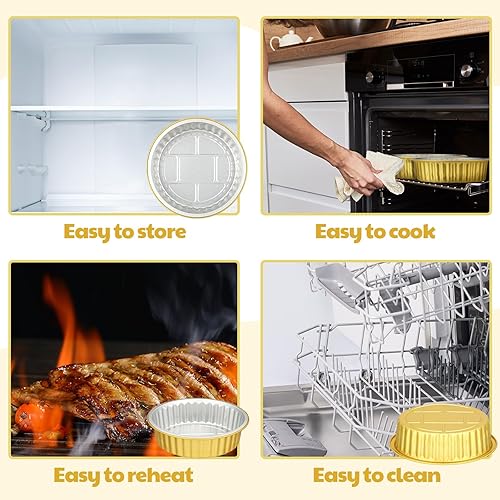 Miniatura 5 de 40 sartenes de papel de aluminio de 7 pulgadas con tapas, 31 onzas, doradas, 2 veces más gruesas, de papel de aluminio resistente, desechables,