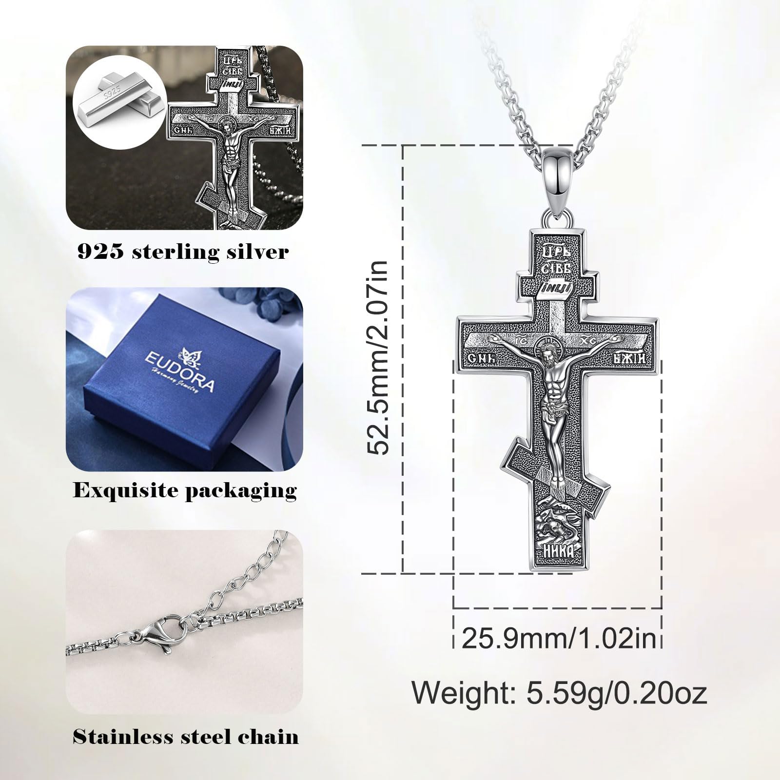 925 Srebro Sterling Ortodoksyjny naszyjnik z krzyżem dla kobiet mężczyzn, grzbiet krzyż Jezus krzyż naszyjniki religia ochrona biżuterii amulet dla męża taty, 22 + 2", Srebro