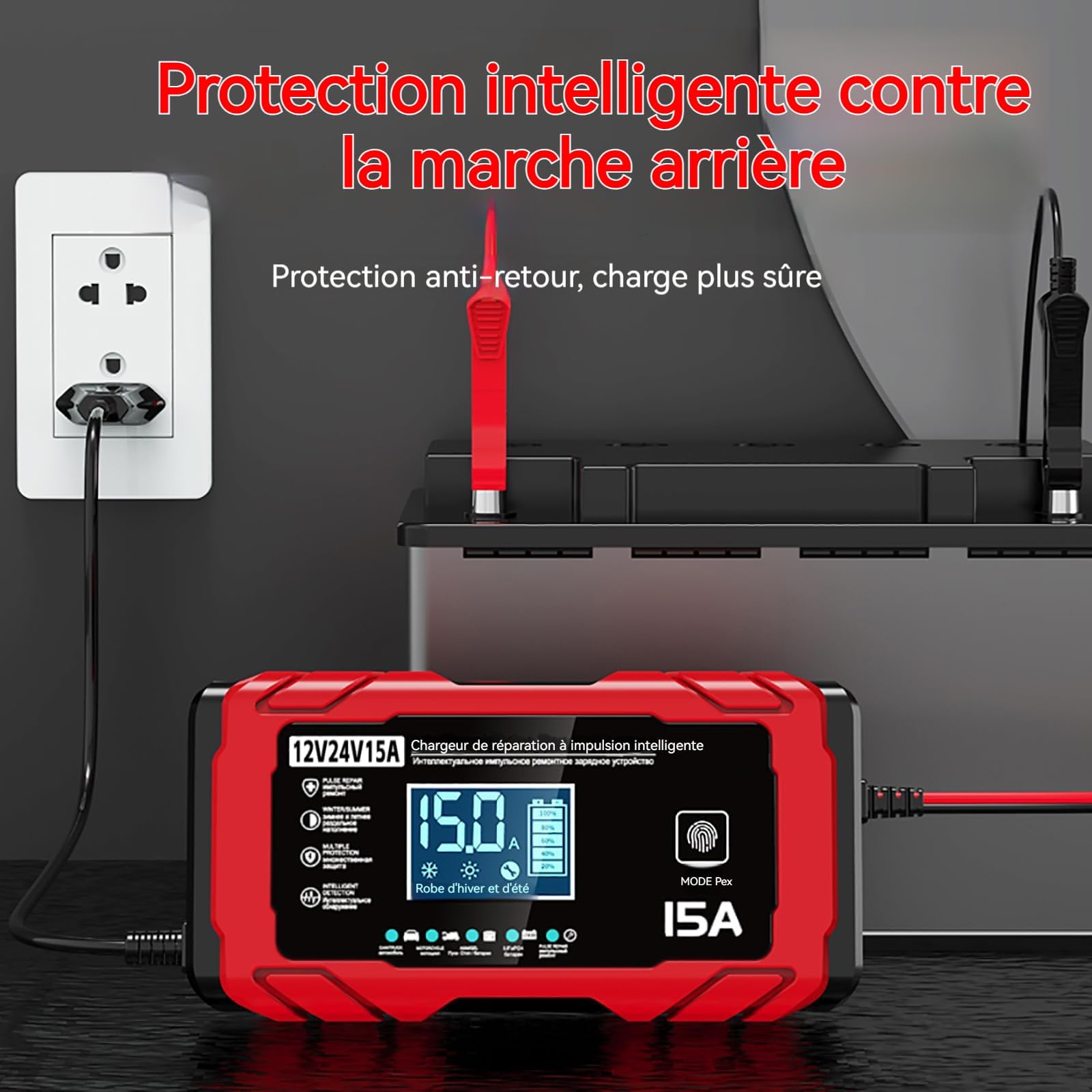 Chargeur Batterie Voitures 12V/24V 15A, avec Compensation de Température,Booster Batterie Universel Intelligent, Maintien de Charge Sûr Et Efficace, pour Voiture, Camion, Moto (Rouge)