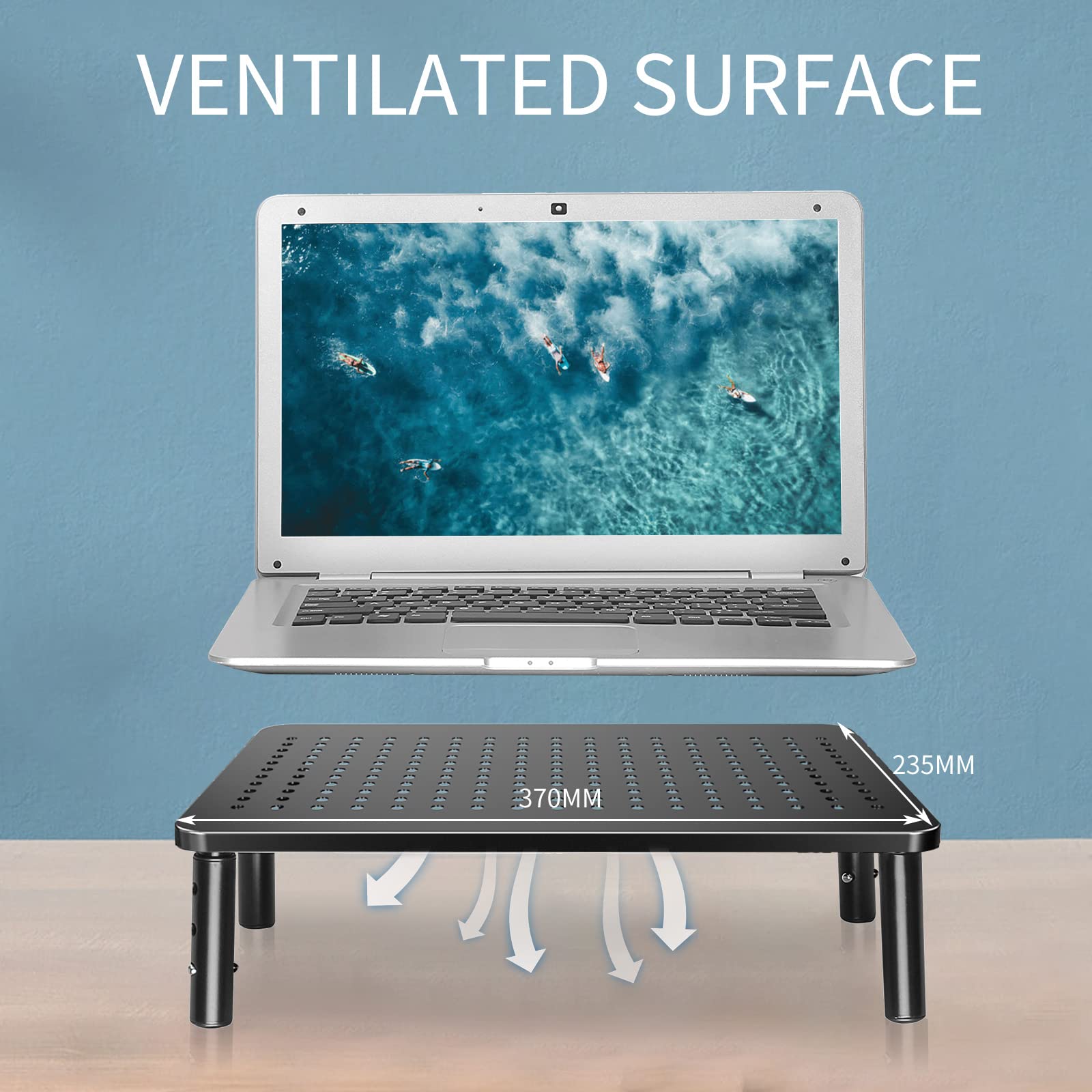 Bracwiser Lot de 2 supports rehausseurs pour moniteur, 3 niveaux de hauteur réglables pour ordinateur, ordinateur portable, imprimante, notebook avec plateforme en métal ventilée 370 x 235 mm, noir