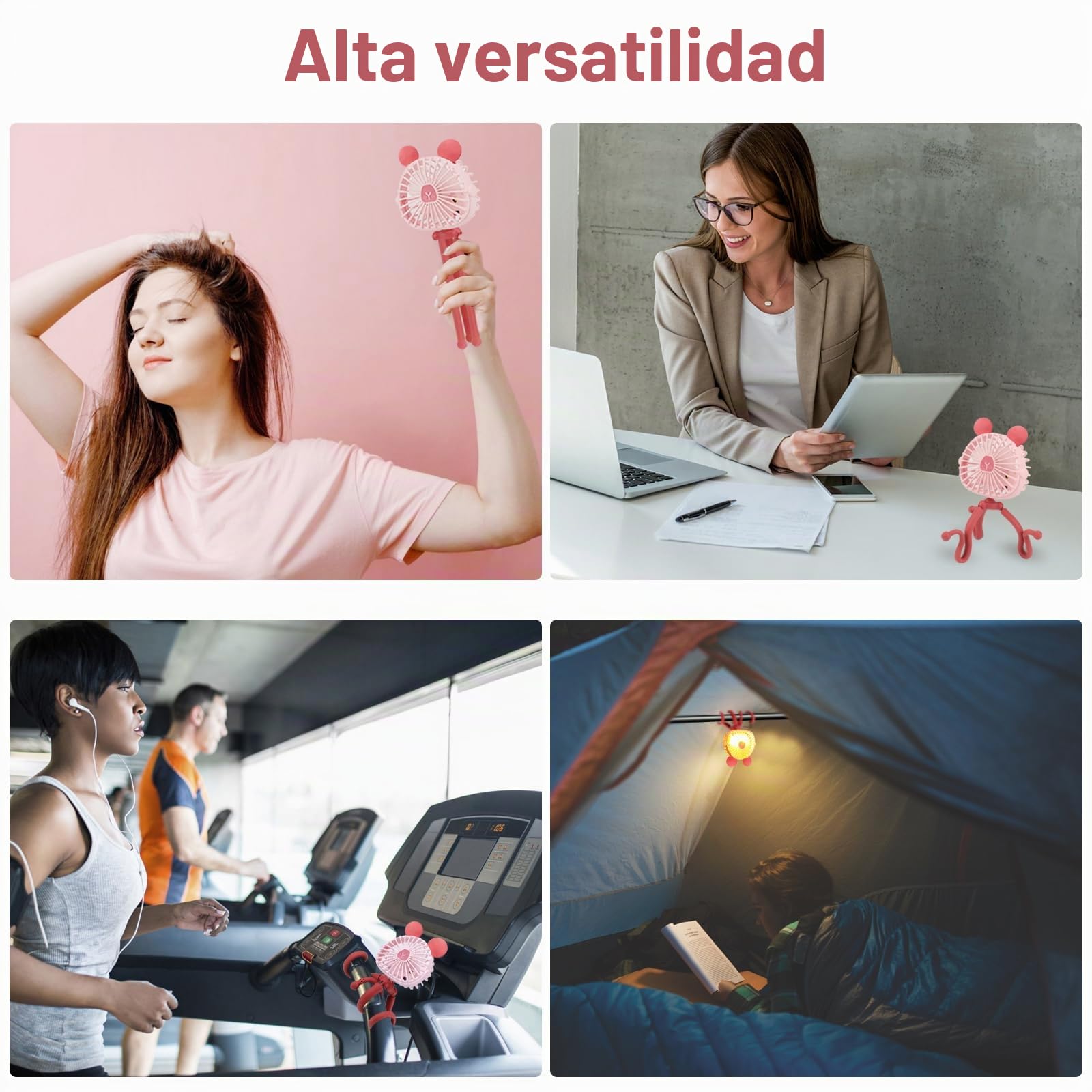 Ventilador de Cochecito con Orejas de Ratón, Ventilador Bebe con Trípode Flexible con luz LED, Ventilador USB Portátil, 360° Giratorio, Pilas Recargables, para Asiento de Coche Cuna Camping Oficina