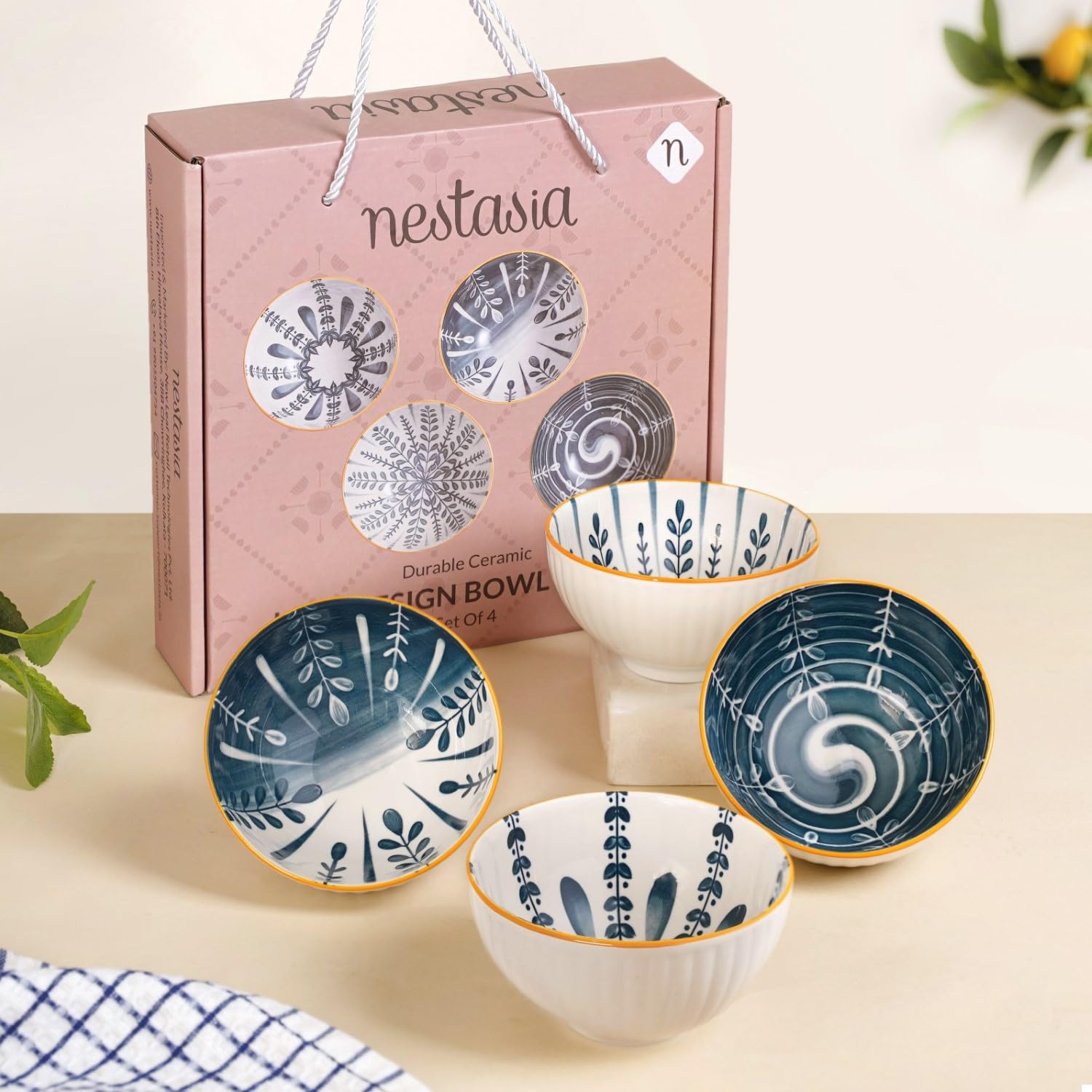 Nestasia Ceramic Snack Bowl Set of 4 (300ml Each) - Dishwasher & Microwave Safe Bowls for Serving Soup, Rice, Dal, & Salad | Botanical Printed Bowls with Glossy Finish - Ideal for Gifting