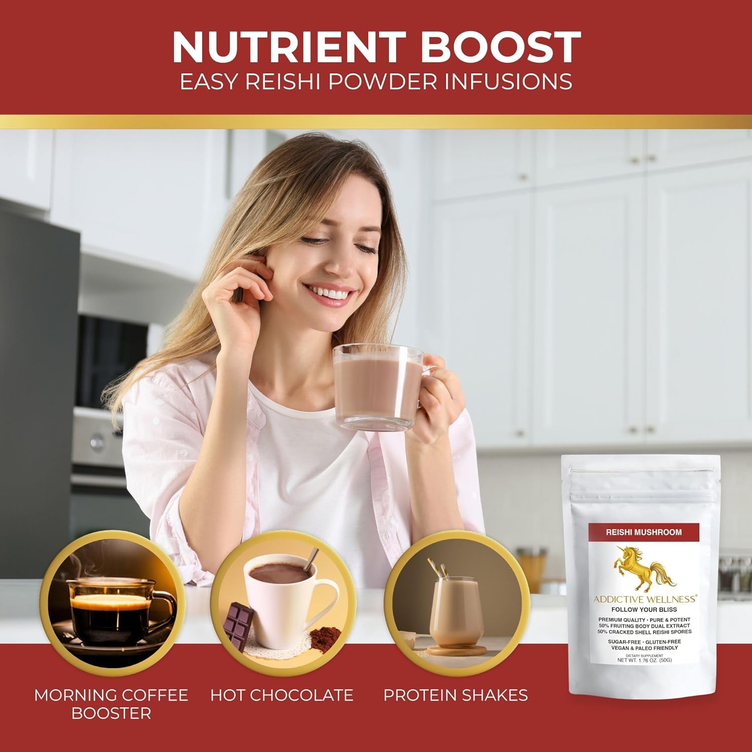 Addictive Wellness Reishi Mushroom Extract Powder + Spores (50/50 Blend) Wood Grown Pure & Potent Wildcrafted Ganoderma 50g (1.76 oz) - Image 4