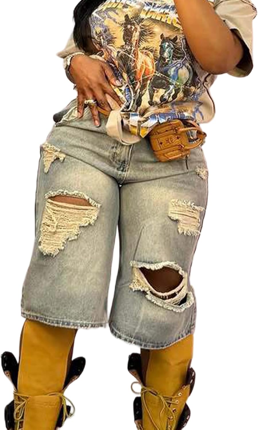Tbahhir Women Baggy Jean Shorts Distressed, Ripped High Waisted Wide Leg Bermuda Jeans Strechy Y2k Streetwear Casual