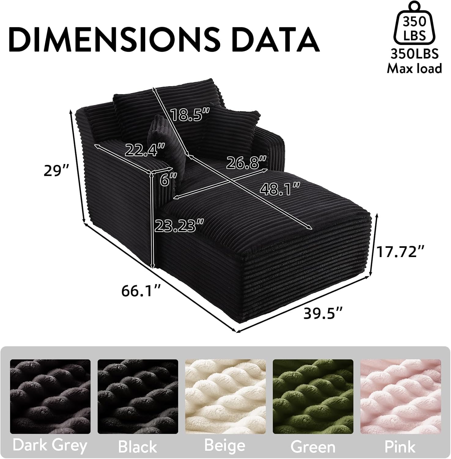 Chaise Lounge Chair Indoor, Upholstered Corduroy Single Lounge Sofa Couch, Comfy Reading Recliner Sleeper Sofa Chair Bed with Armrests and Pillows for Bedroom, Living Room (Black)