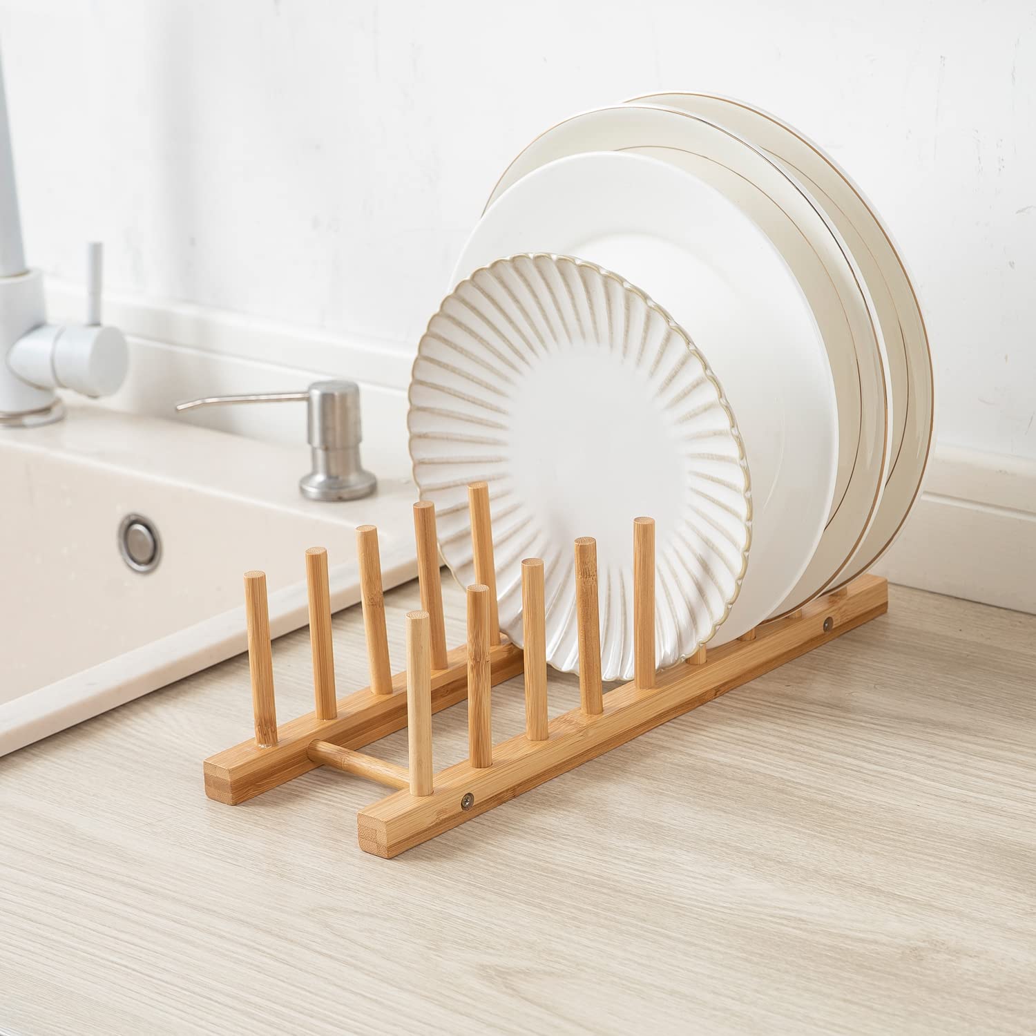 HOKIPO Bamboo Wooden Plate Stand Rack for Kitchen Cabinets Dish Stand Dinner Plate Holder, 8 Slots, 36x12x2 cm (AR-4771) — Amazon image 3