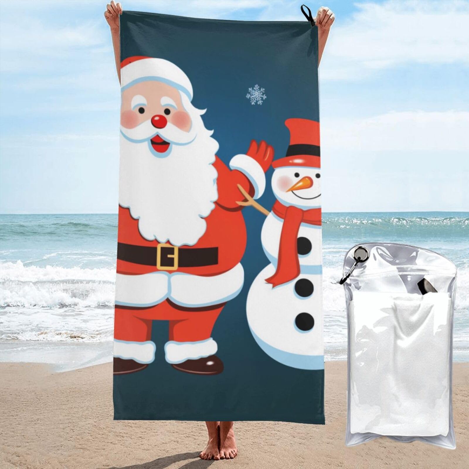 BWWHCCTI Snowman Santa Printed Microfiber Quick Dry Beach Towel 70x140 CM, Fast Drying Bath Towels with Bags for Travel,Camping,Gym,Beach,Swimming,Yoga