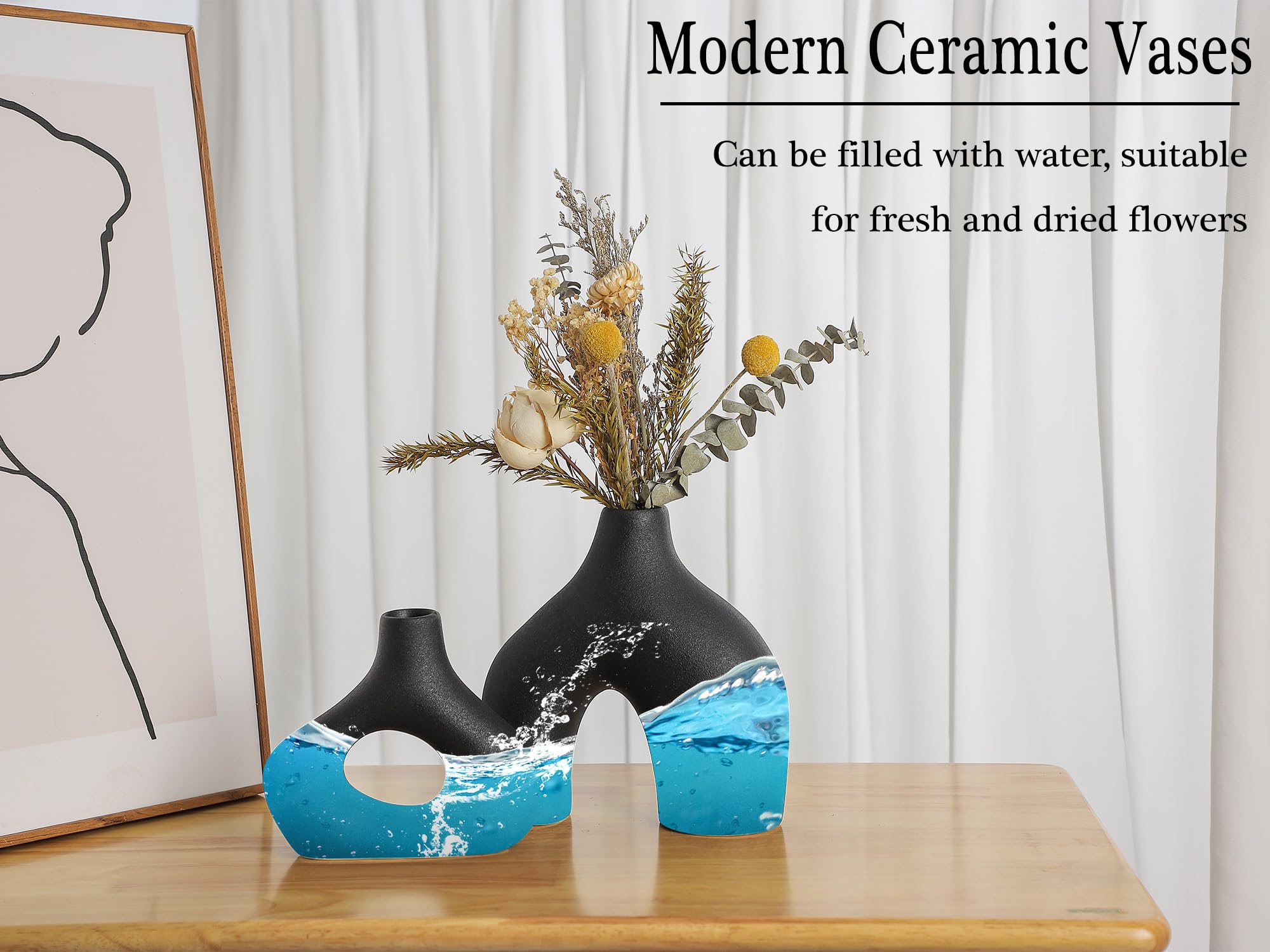 Lot De 2 Vases En Céramique Noire Mate - Style Bohème Moderne - Pour Fleurs Séchées, Herbe De La Pampa - Déco D'intérieur