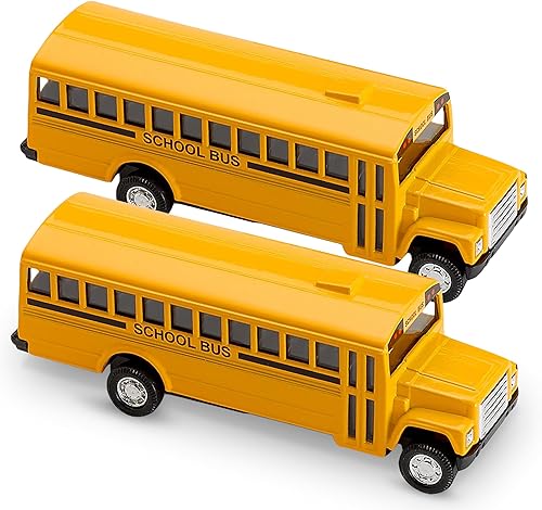Pullback - Autobuses escolares fundidos a presión, paquete de 2, juguetes de metal amarillo con superficies para escribir, regalos perfectos para
