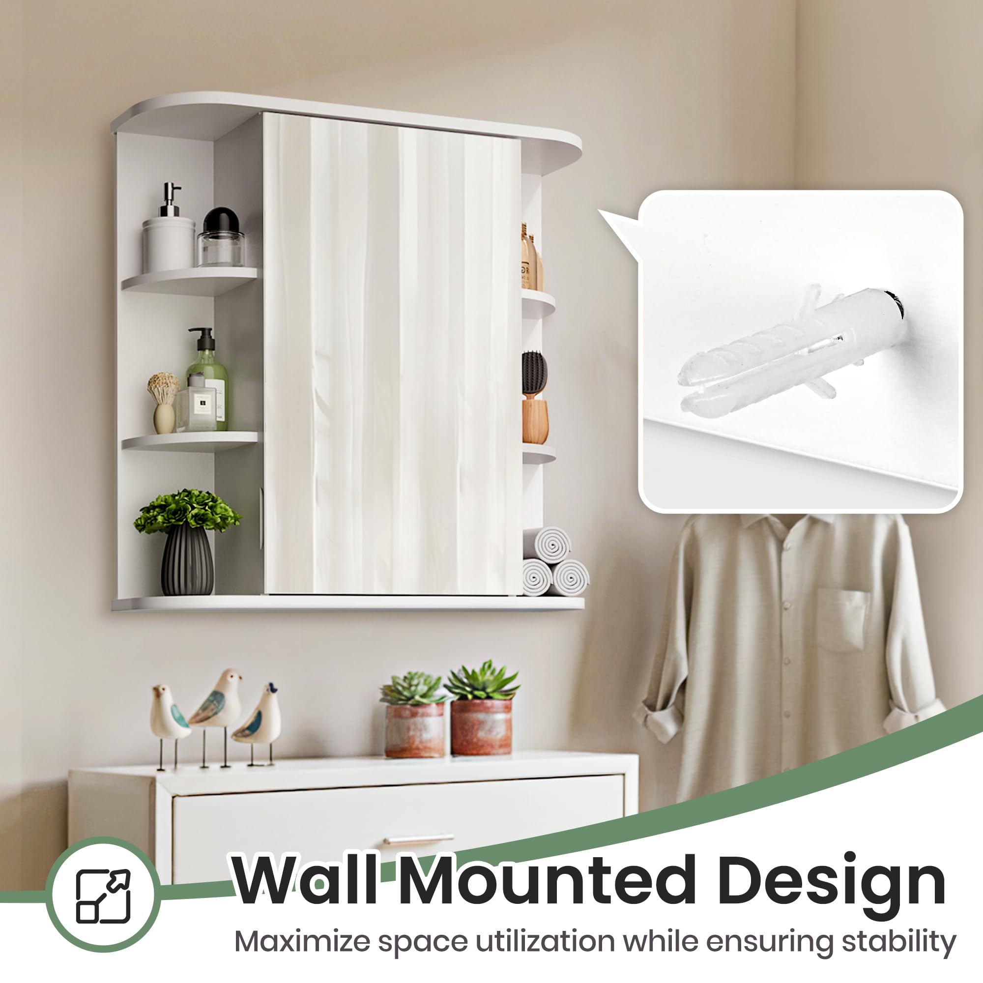 Pamapic Mobile Bagno con Specchio, Mobiletto Pensile Bagno,Scomparto Aperto, Mobiletto da Muro, Ripiani Regolabili, Soggiorno, Camera da Letto, 67,5 x 60 cm, Bianco