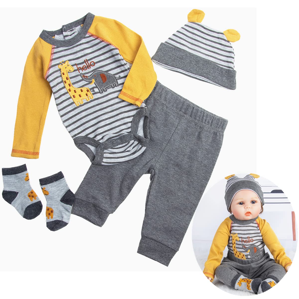 Pedolltree Reborn Baby Dolls Clothes 24 Inch Boy for 22-24 inch Reborn Dolls Clothes Accesories Outfits Yellow Stripe 4 Pcs Set