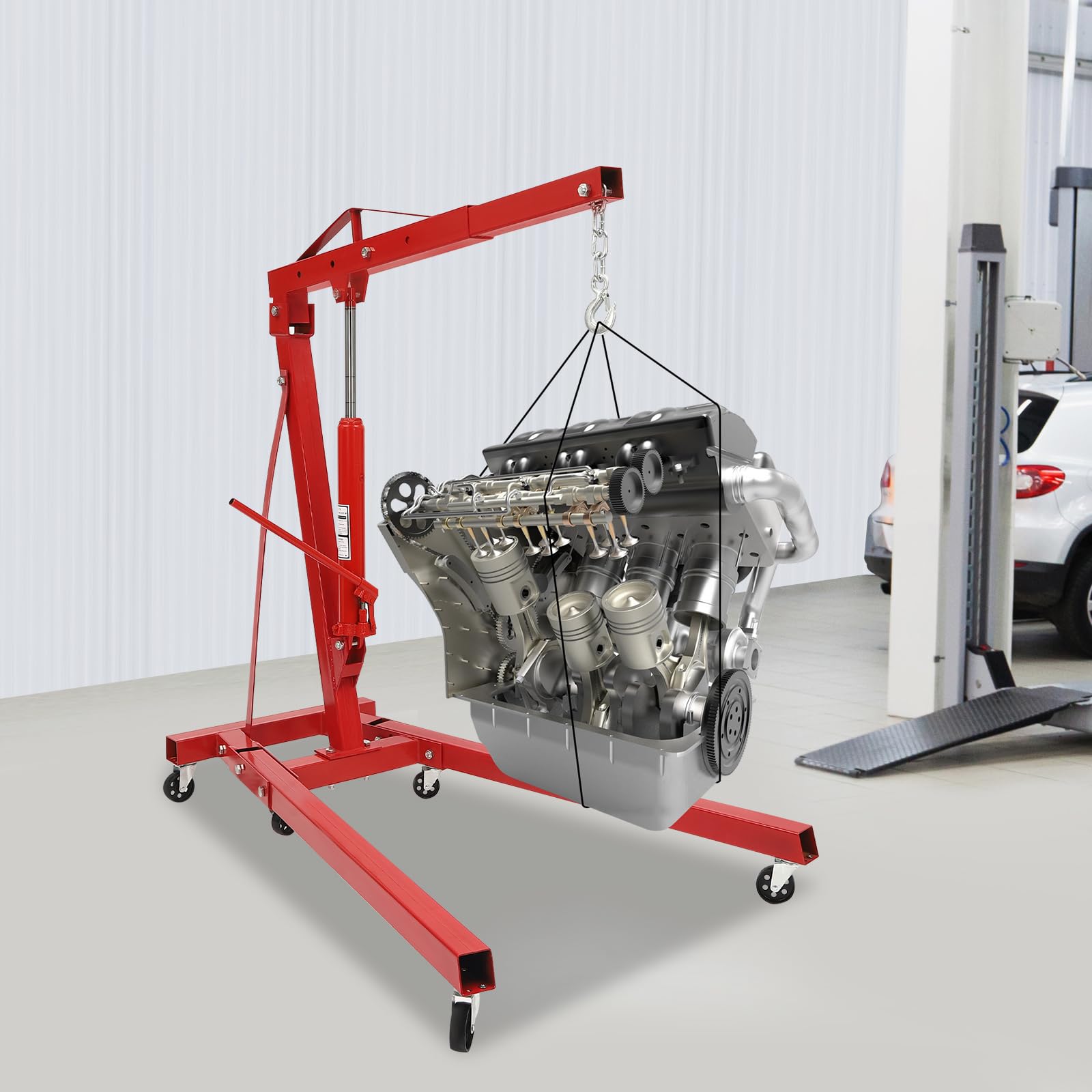 Grúa de elevación de motor 2T plegable, grúa de taller con ruedas, elevador hidráulico hasta 2,1 m de altura de elevación, elevador de carga de acero para garaje y taller (Rojo)