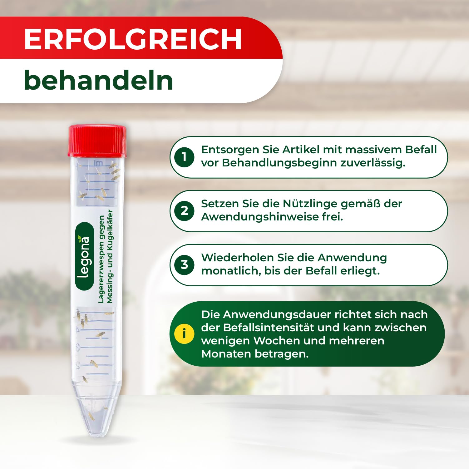 Legona Lagererzwespen gegen Kugelkäfer und Messingkäfer 1 Röhrchen (10m²) - Materialschutz für Wohnung, Vorrat und Lager