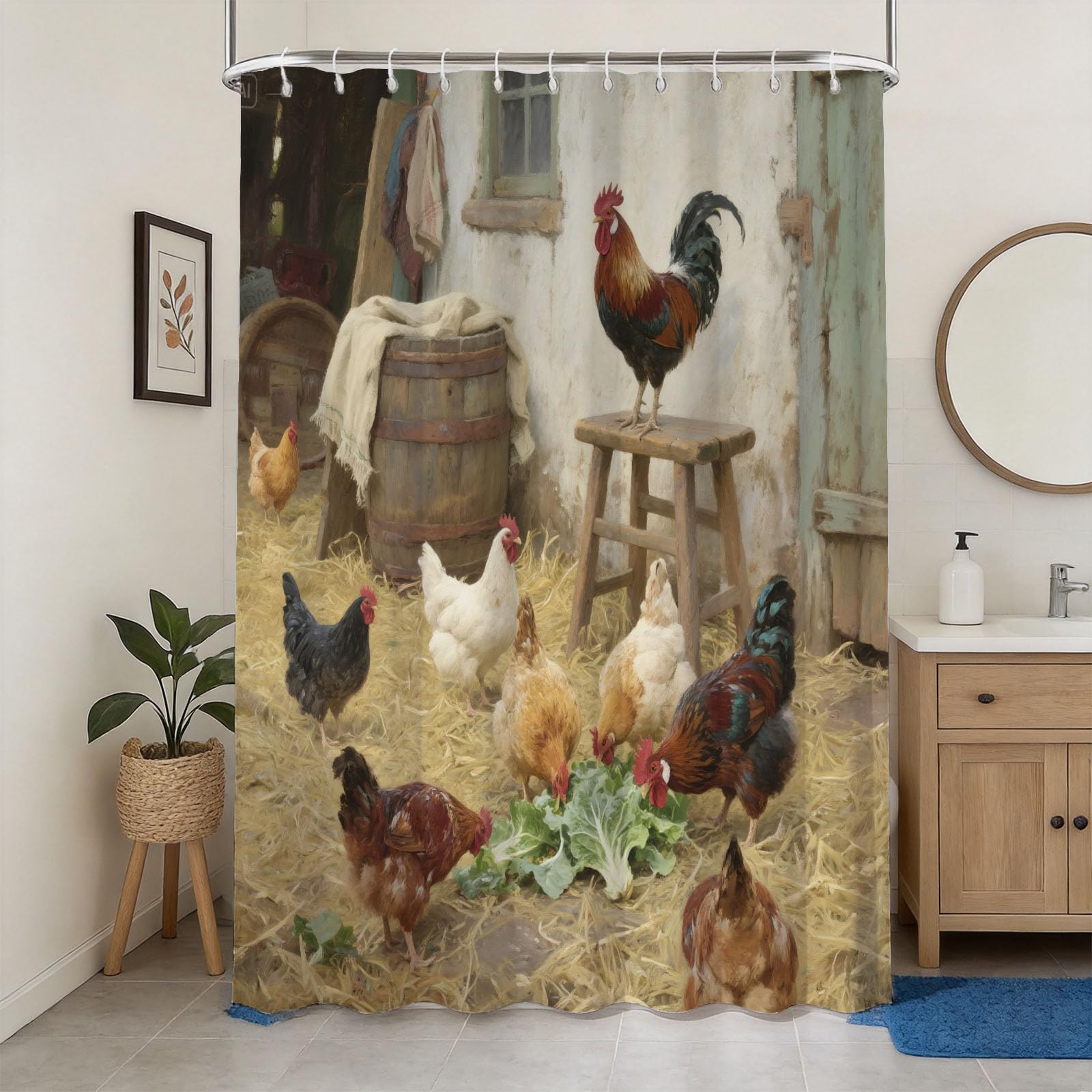 Hongduo 3D Farm Chicken Shower Curtain for Stalls Bathtubs Rustic Bathroom Decor Shower Curtain Set Polyester Fabric Waterproof 180x180cm/71X71 Inch with Hooks