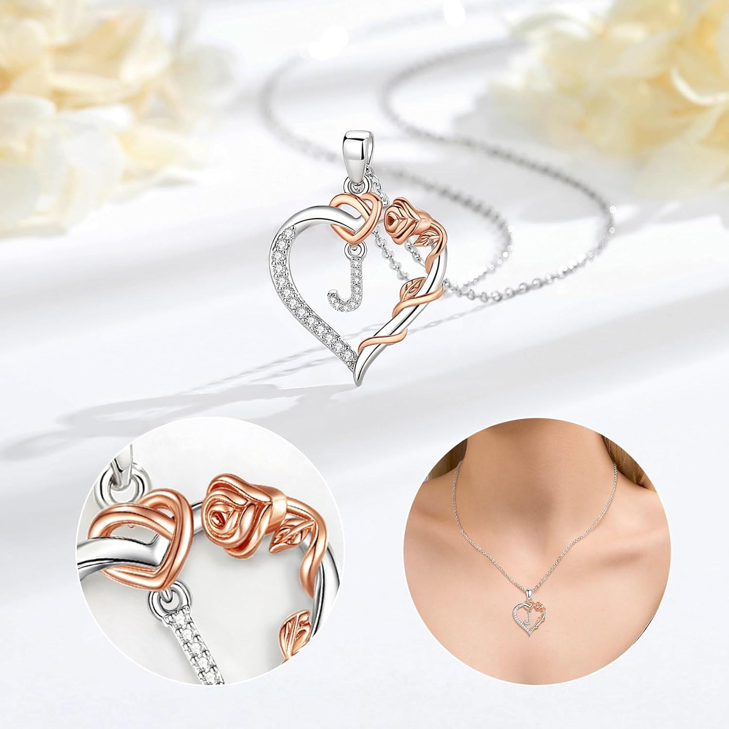 Vito Copper Silver Plated Initial Heart Necklace with Cubic Zirconia for Women, Rose Gold-Plated Flower Letter A to Z Pendant Heart Alphabet Personalized Jewelry Gifts, 18"+2" Stainless Steel O Link Chain - Image 8