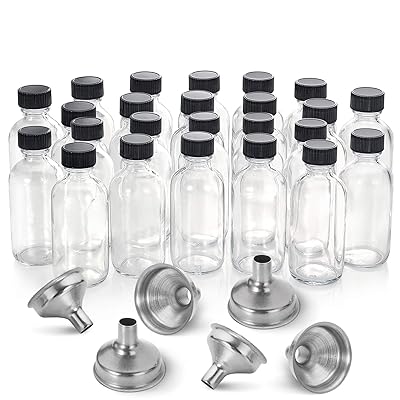 24 Pack, 2 oz Small Clear Glass Bottles w/Lid & 6 Stainless Steel Funnels - 60ml Boston Sample Bottles - Mini Travel Essential or Decorative Bottles for Potion, Juice, Wellness, Ginger Shots, Whiskey