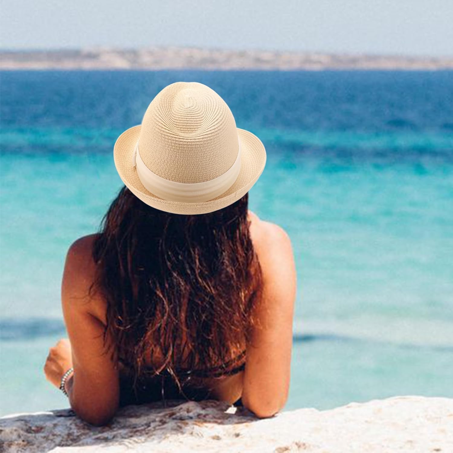 Summer Straw Fedora Hat for Women Men Travel Panama Hat with Wide Brim Roll Up Sun Hat for Beach Outdoor UPF 50+ - Image 4