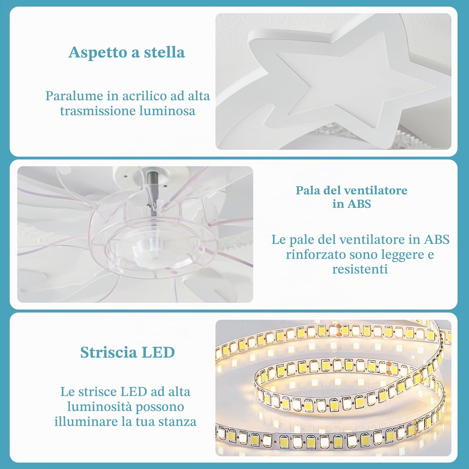 Lampada ventilatore da soffitto con luce e telecomando silenzioso, Ceiling Fan With Light con luce RGB regolabile a 6 velocità per soggiorno, sala da pranzo bianco