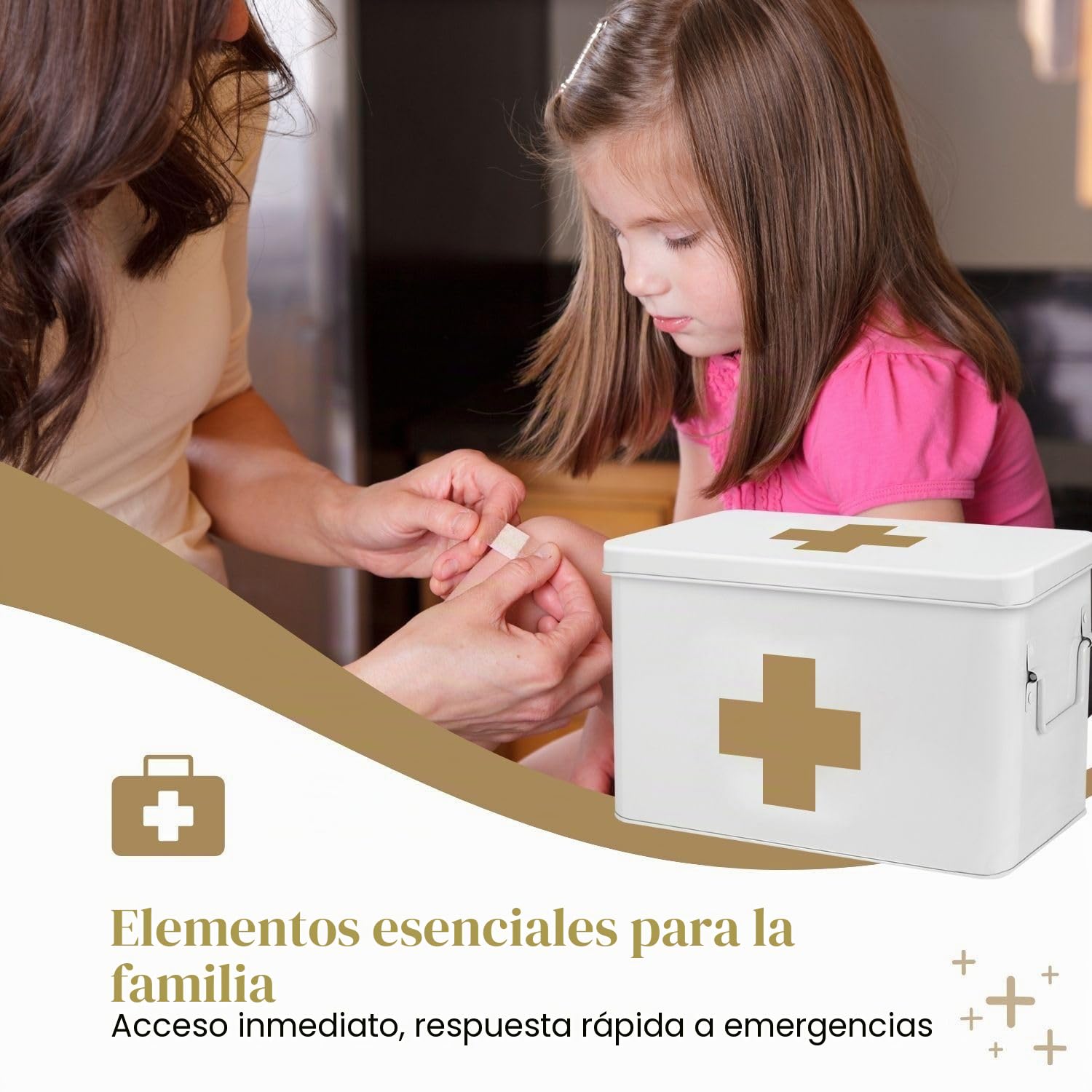 Flexzion Caja organizadora de primeros auxilios para medicamentos, kit de suministros – Caja de almacenamiento vacía de metal blanco de 13 pulgadas con bandeja extraíble con cruz dorada, cajas