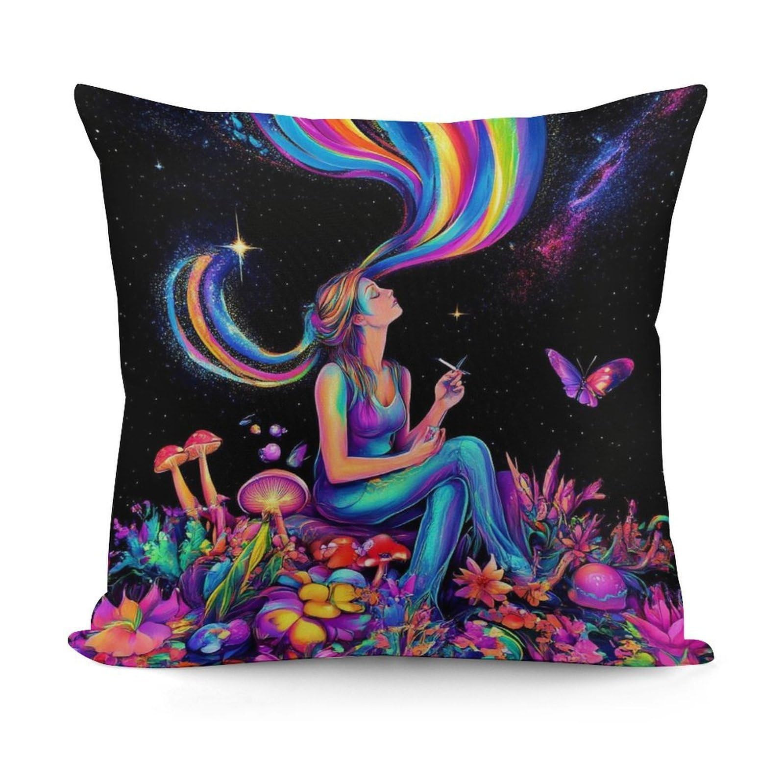 Smazdfxx Girls Picture(570) Plush Pillow Cover With Zipper For Living Room,Bedroom, Sofa Trippy Galaxy Rainbow Mushroom Flowers Floral Art Couch Cushion Decorative