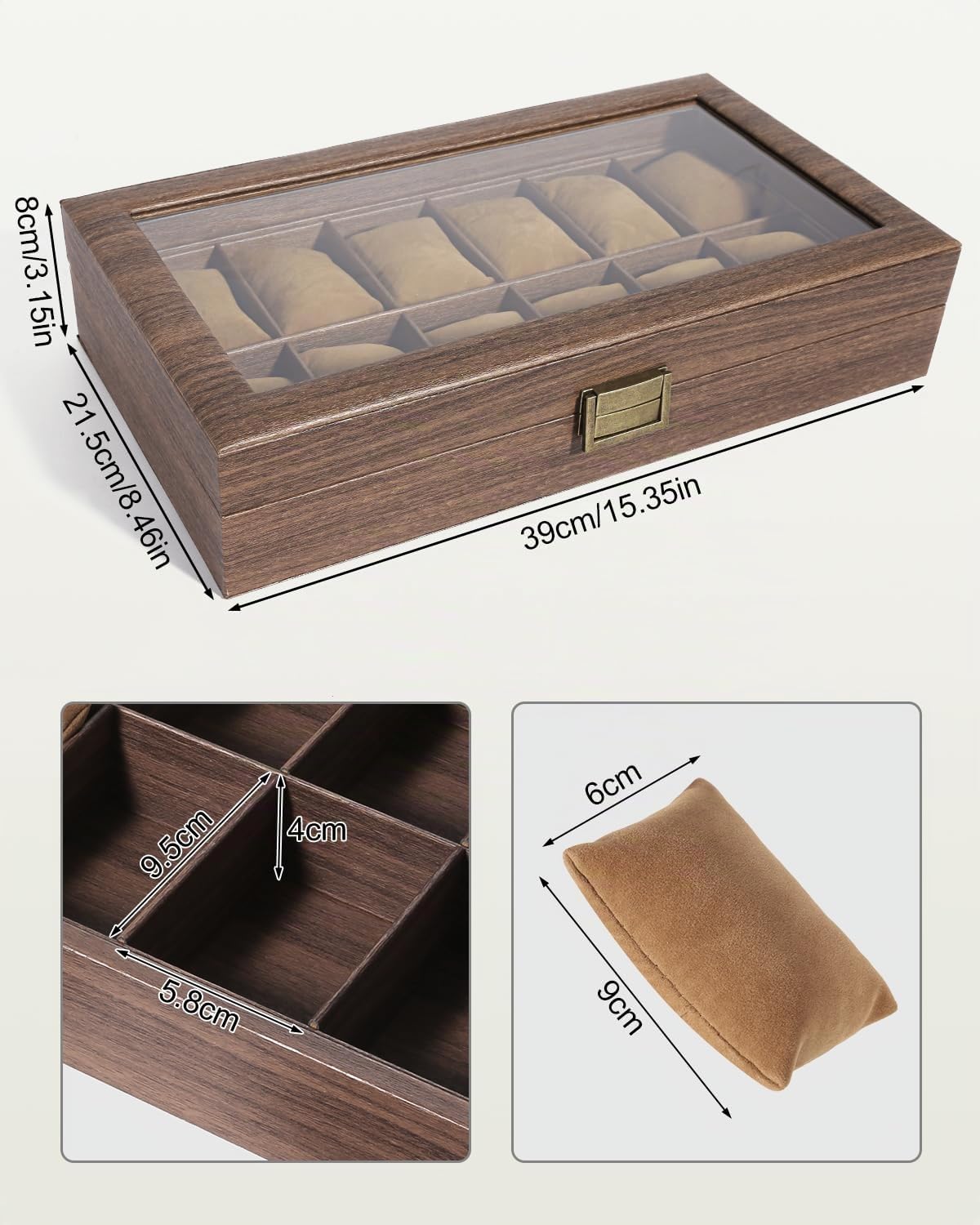 Uten Boîte à Montres avec 12 Compartiments, Vitrine de Montres, Boîte de Rangement pour Montres avec Coussin Amovible, Grain de Bois