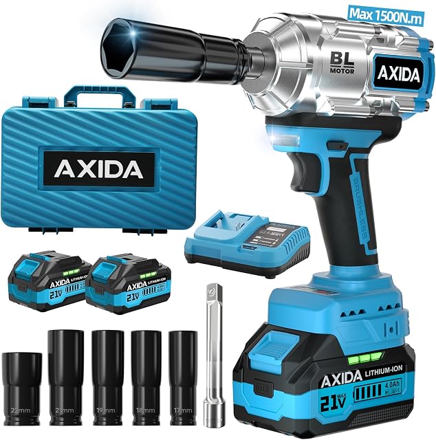 Clé à impact sans fil 2 x 4.0Ah Batteries, pistolet à choc haute brushless de 1/2 pouce, 21V Conducteur d'impact, vitesses variables pour voiture/treuil RV/moteur (1500NM)