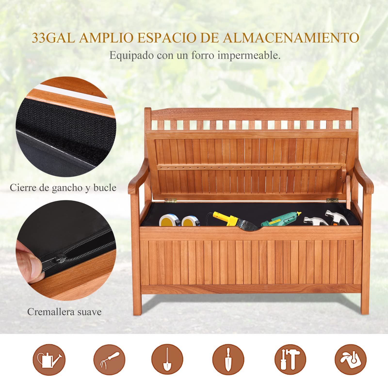 GOPLUS Banco de Jardín con Almacenamiento y Respaldo Ergonómico | Banco Exterior para 2 Plazas, Asiento Cómodo, Banco de Intemperie para Terrazas, Balcones y Patios, 107 x 59 x 90cm
